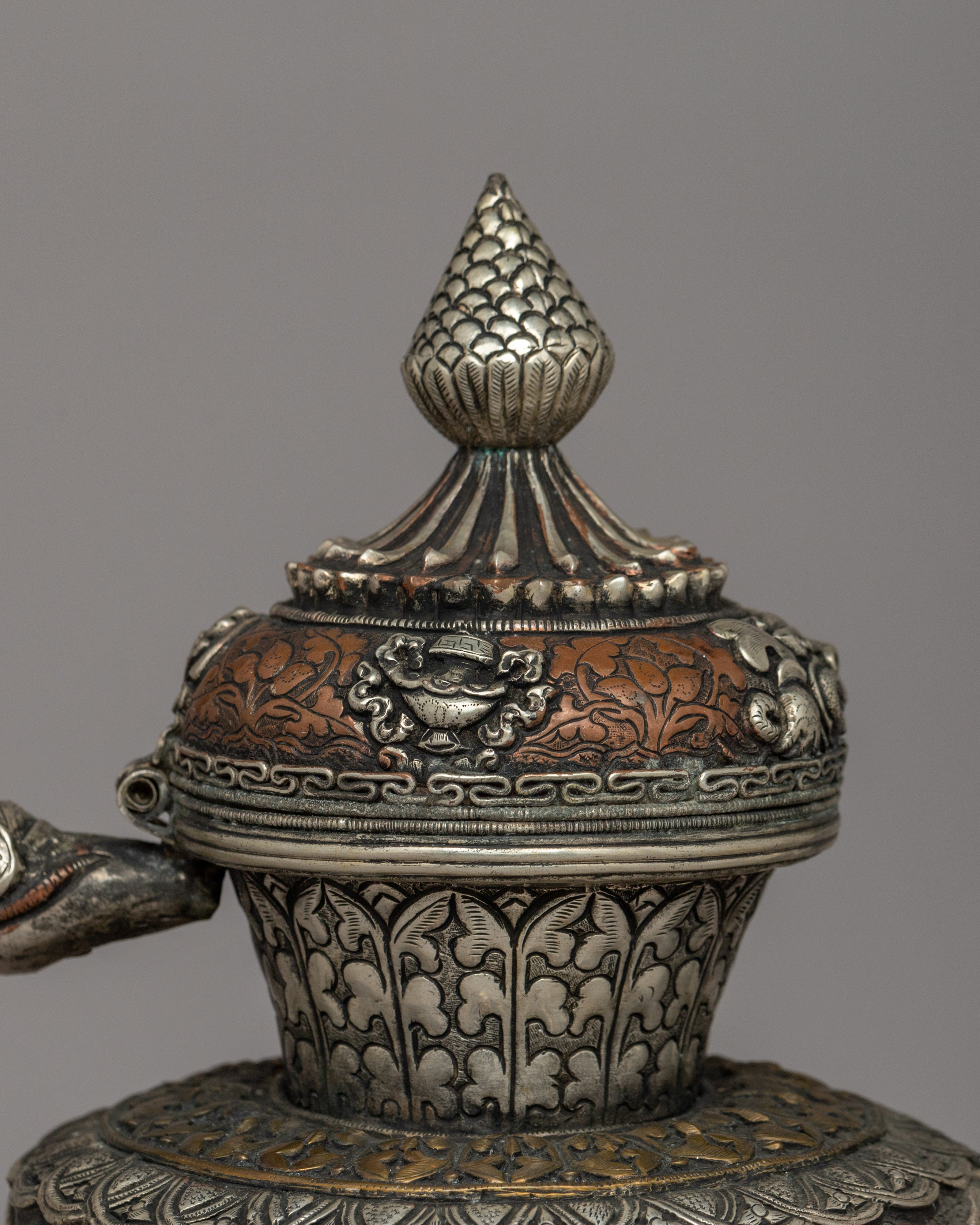 Religious Tibetan Tea Pot | A Sacred Silver-Plated Offering Vessel