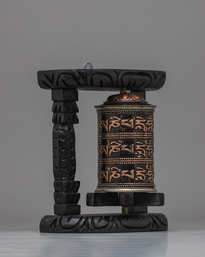 Handcrafted Tabletop Tibetan Prayer Wheel | Copper Body & Wooden Frame