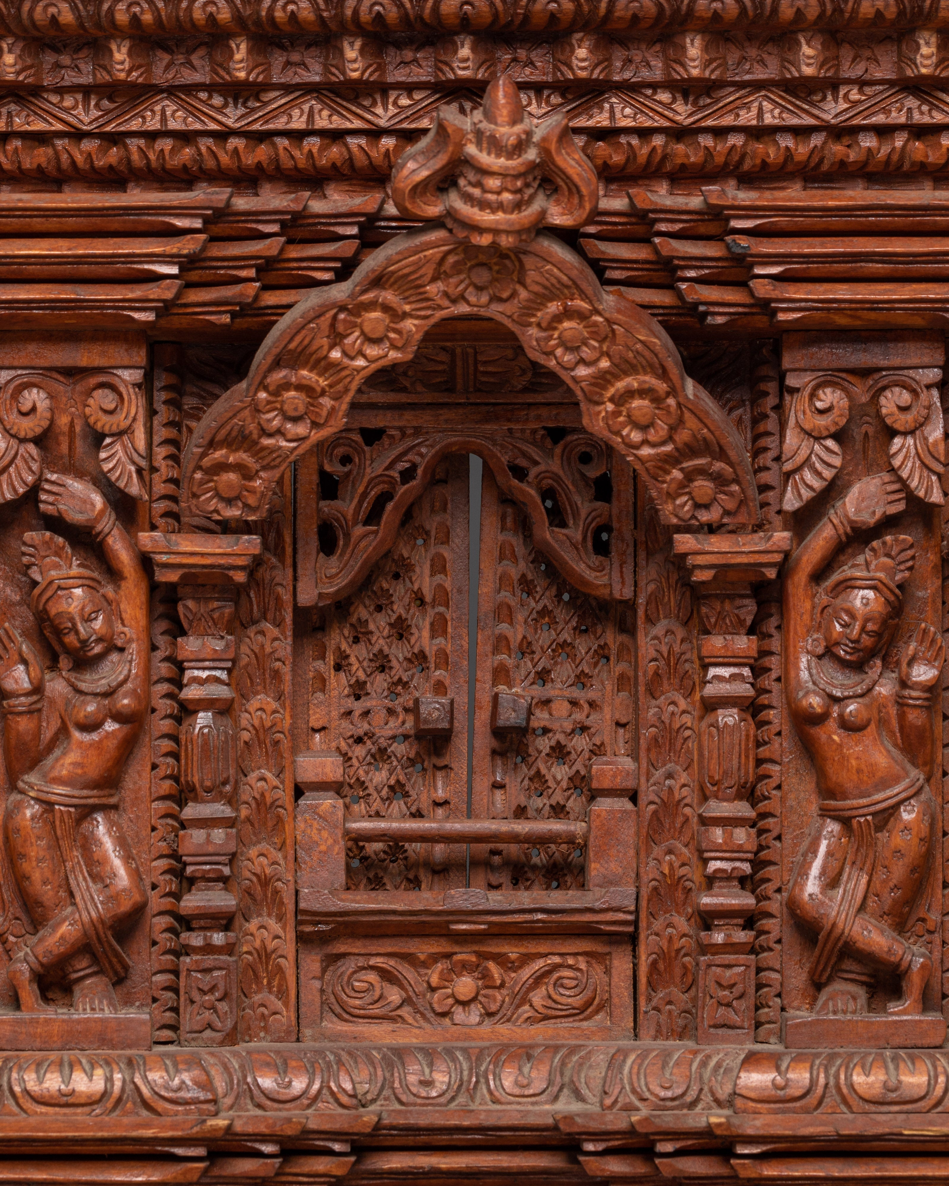 Sacred Architecture Decor | Large Hand-Carved Wooden Temple Window from Nepal