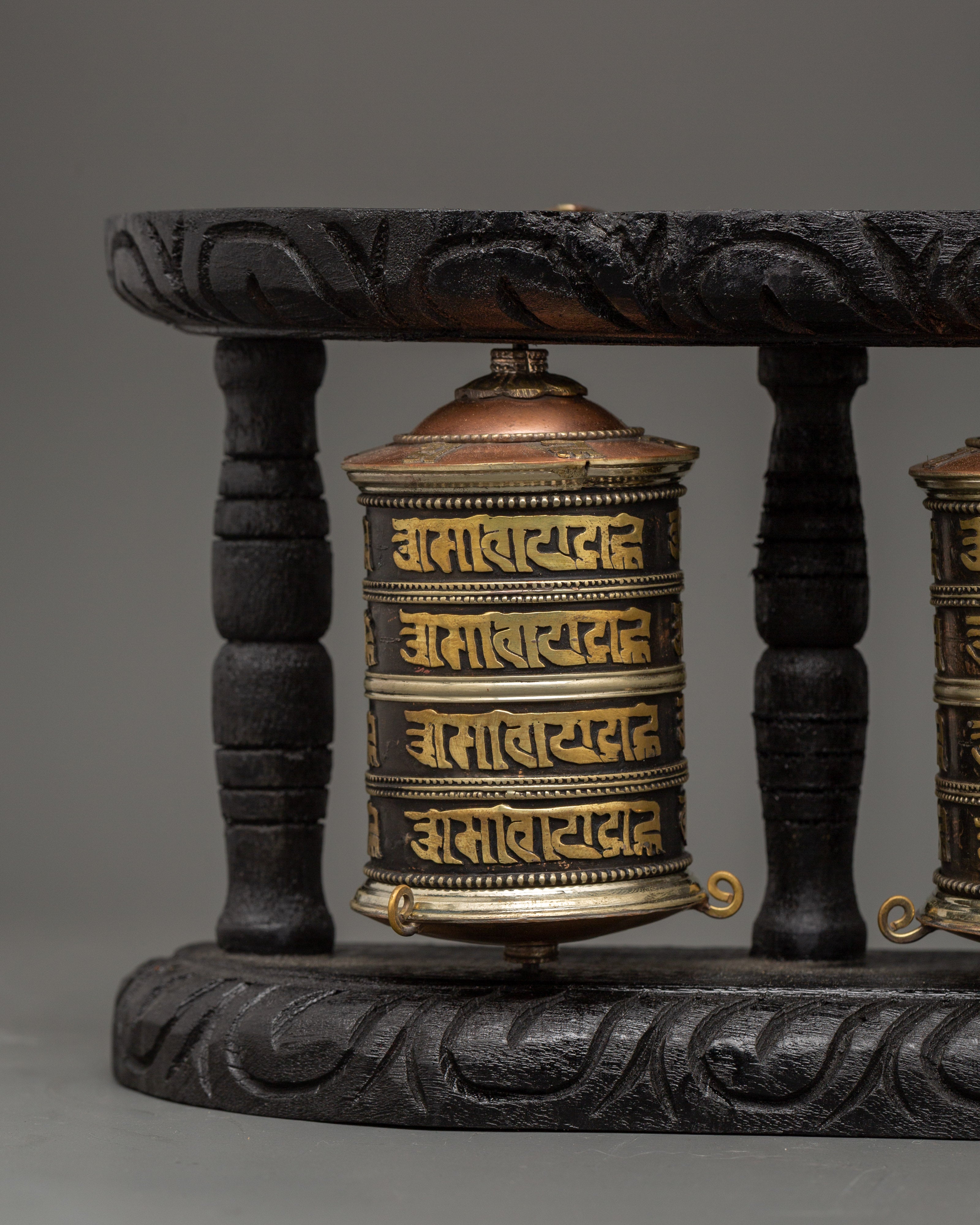 Triple Tibetan Prayer Wheel Set | Buddhist Meditation Decor Piece