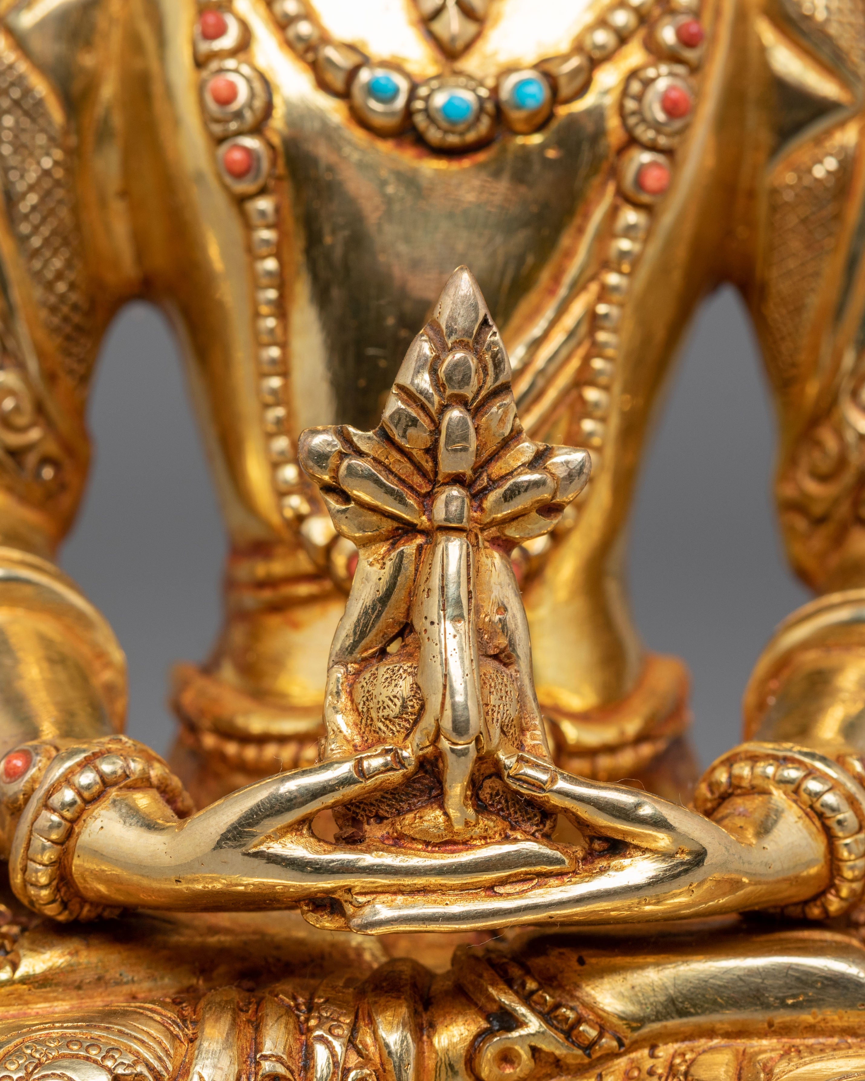 Sacred Amitayus Buddha Statue | Gold Plated Sculpture with Coral & Turquoise