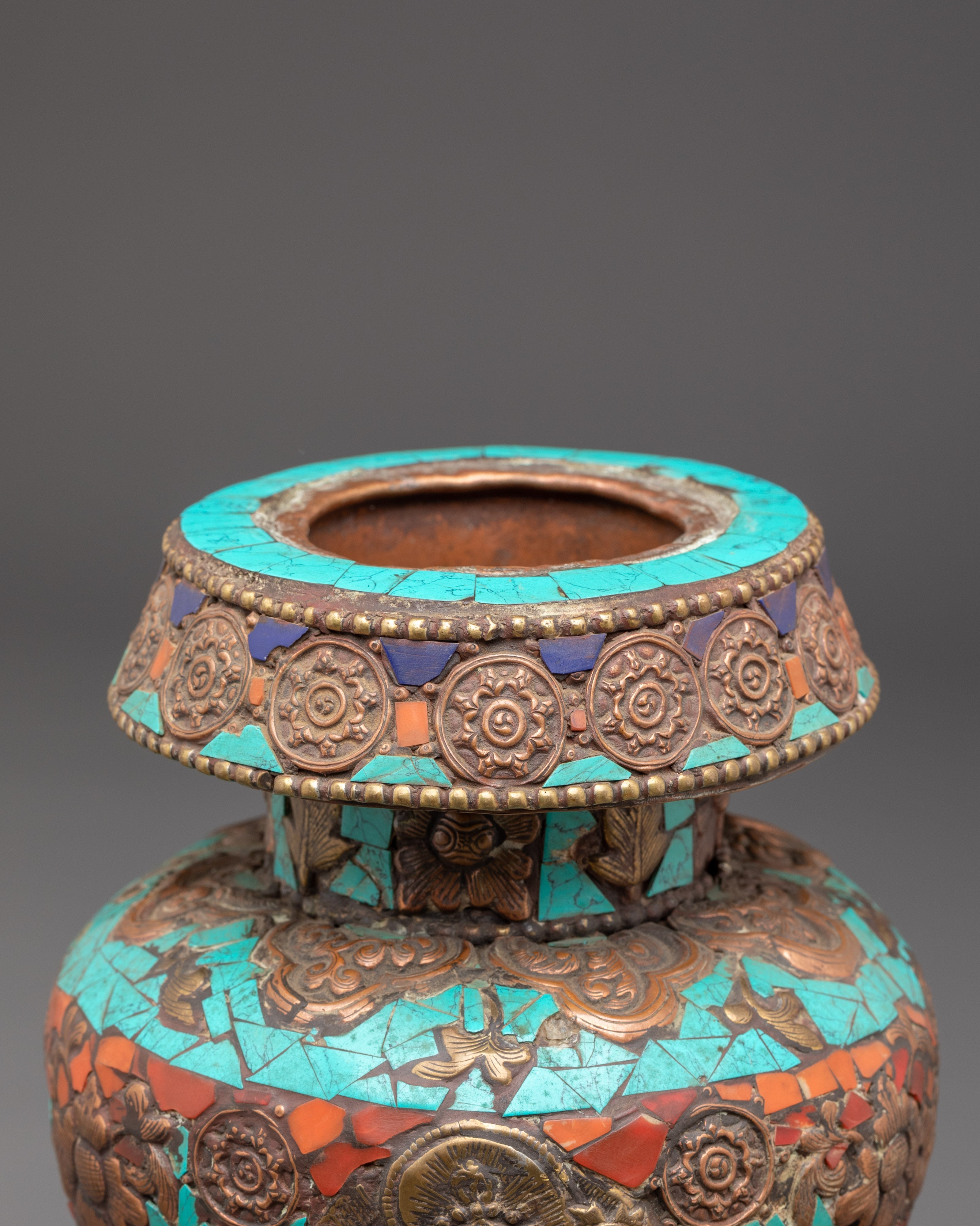 Copper Rice Pot with Turquoise and Coral Inlay | Symbol of Abundance and Prosperity