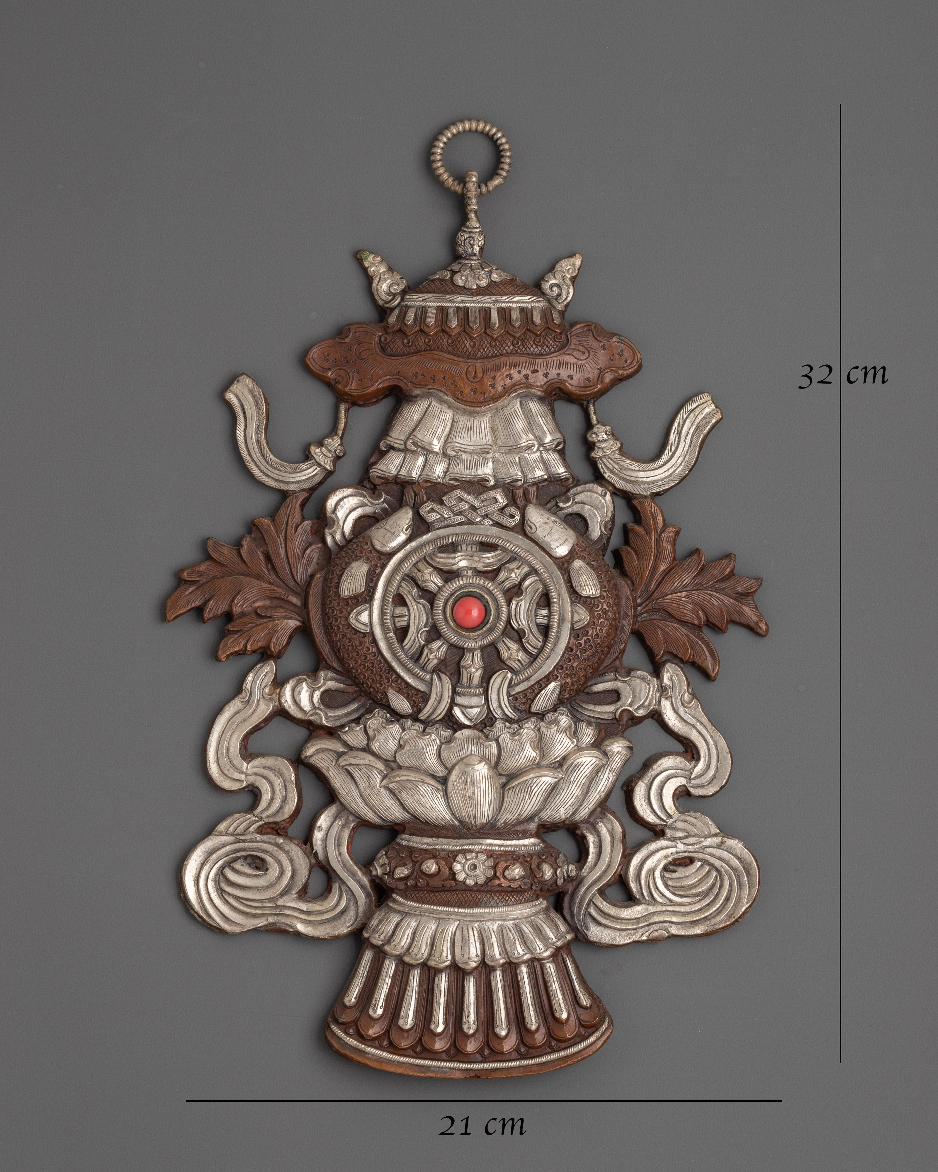 Auspicious Symbol Wall Hanging | Oxidized Copper & Silver Plated with Coral Stone