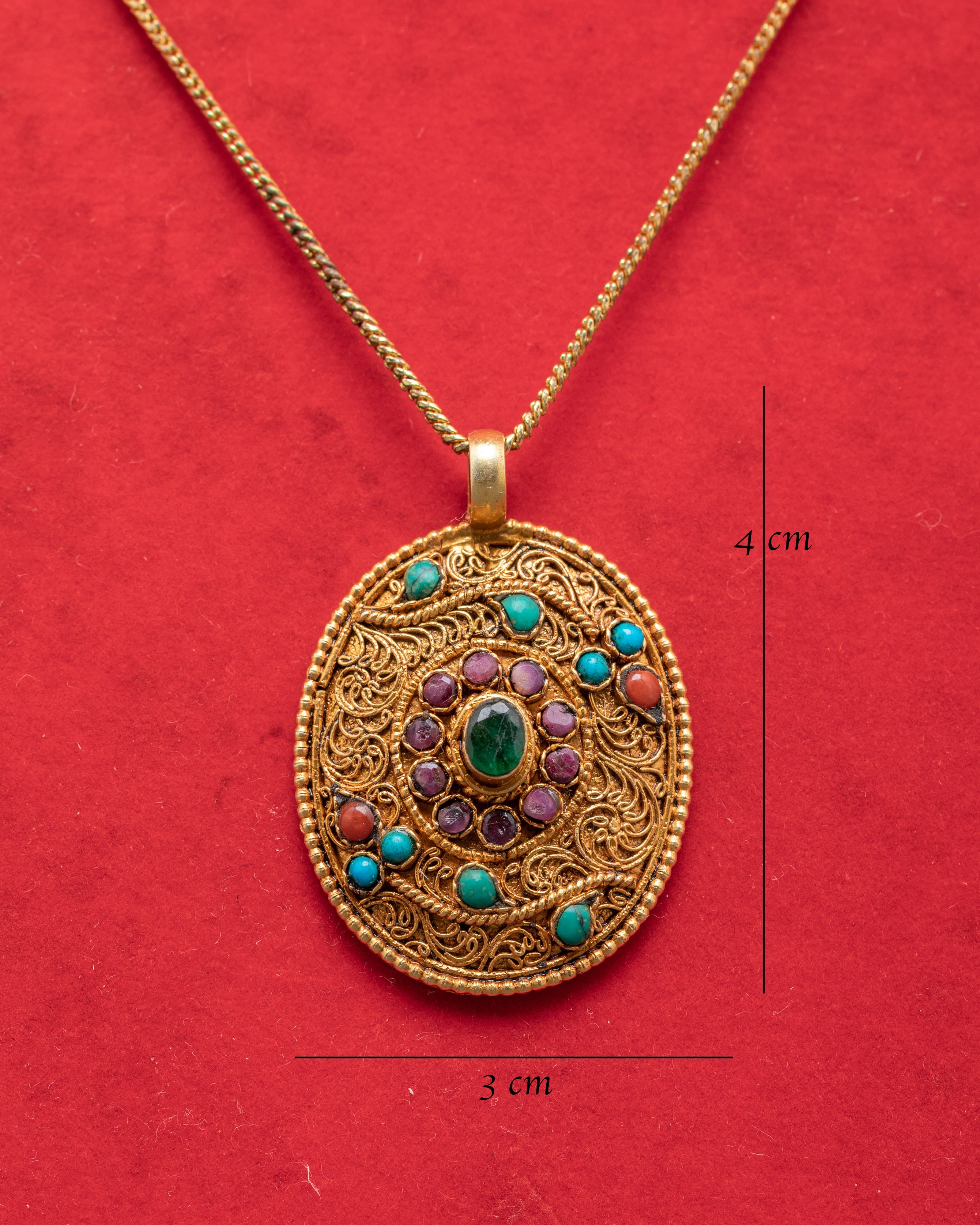 Elegant Handcrafted Gold Filigree Locket | Panna, Ruby, Coral, and Turquoise Stones