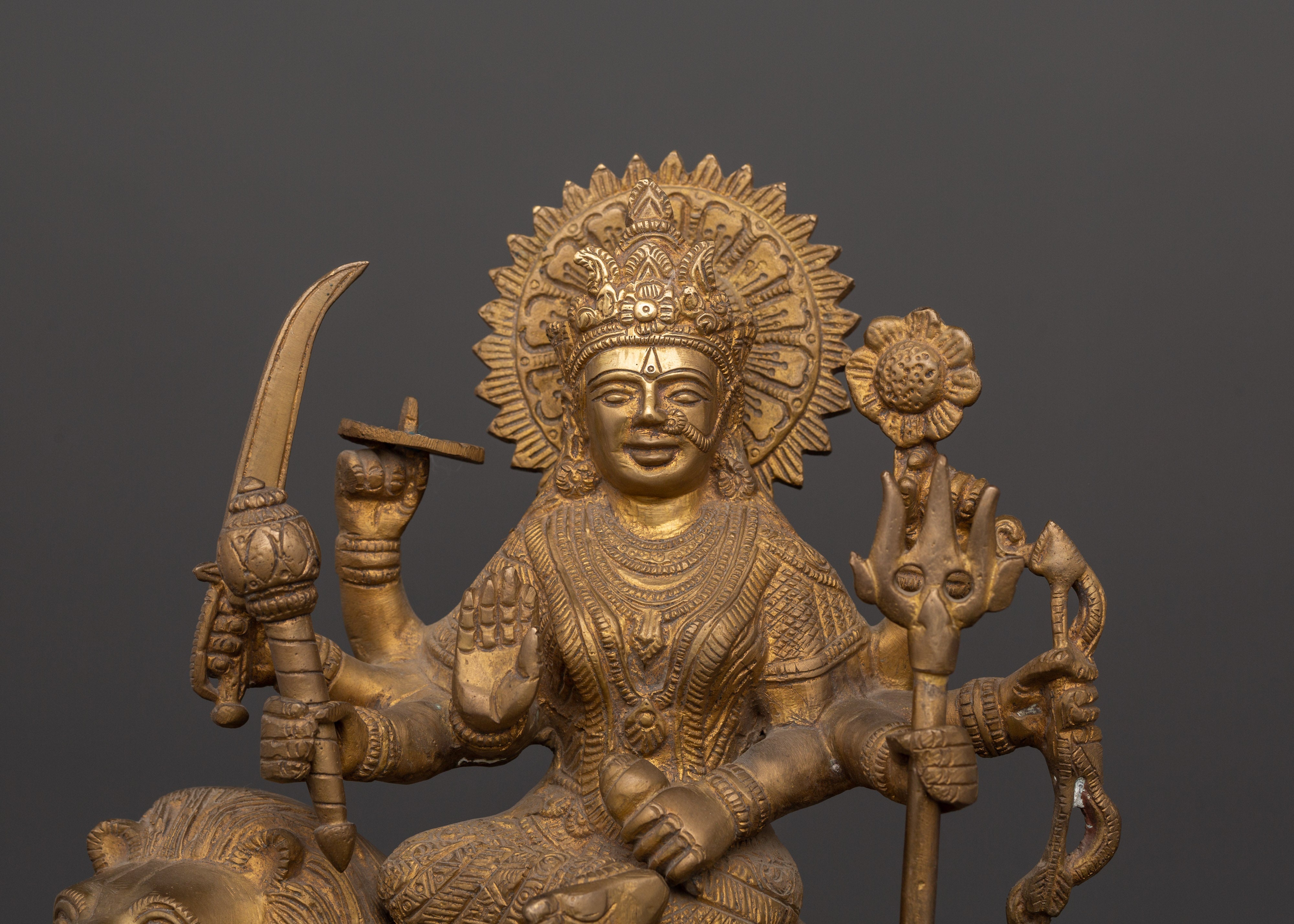 Mighty Goddess Durga Brass Statue | Hindu Deity on Lion