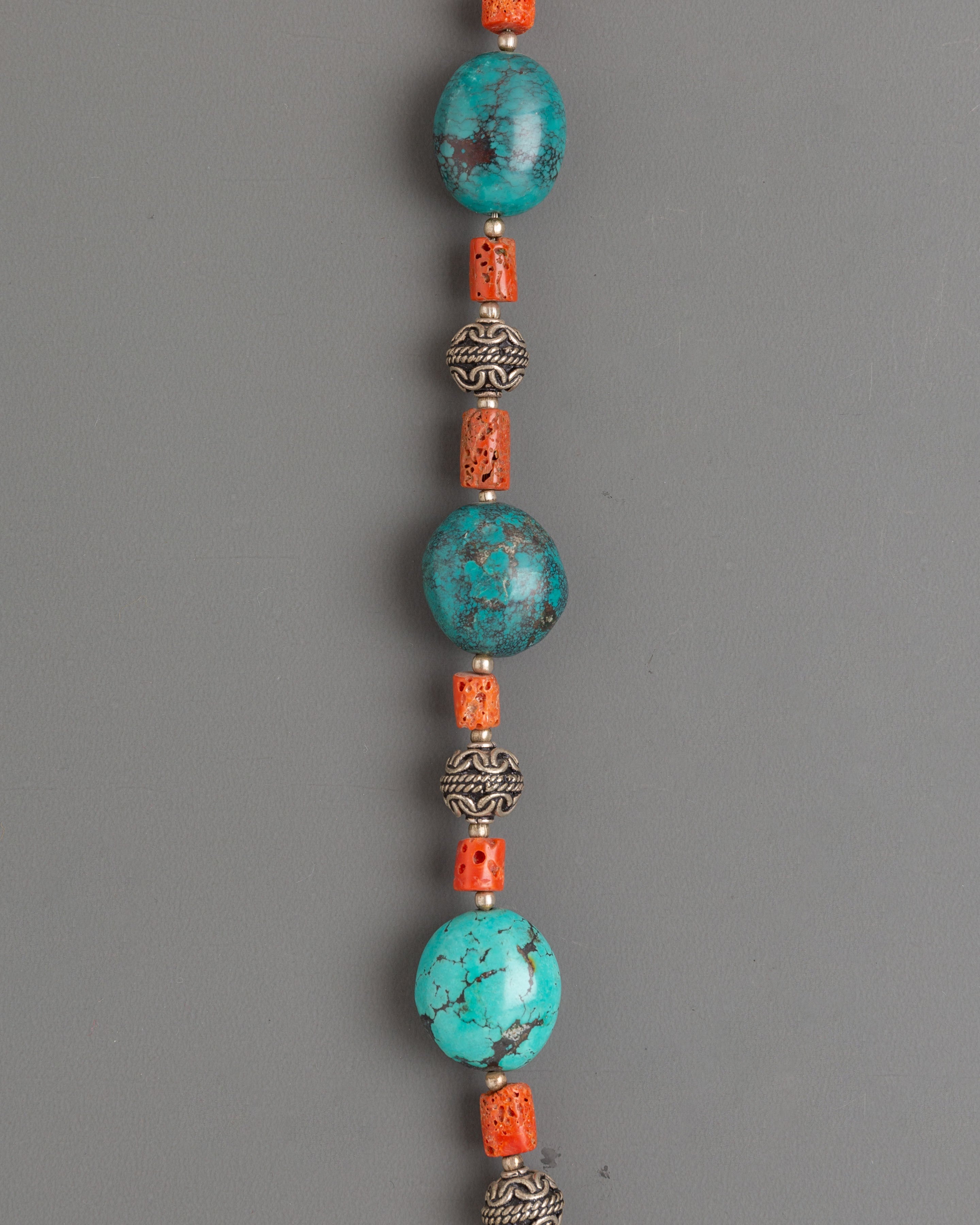 Sacred Turquoise Coral Beaded Mala | Tibetan Prayer Beads Silver Jewelry