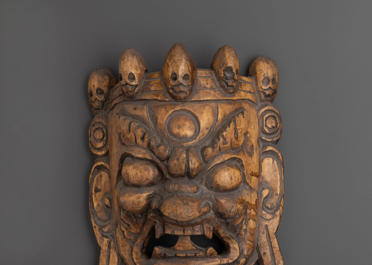 Large Triangular Ritual Mask Sacred Wall Hanging | Tibetan Wooden Mask for Spiritual Decor