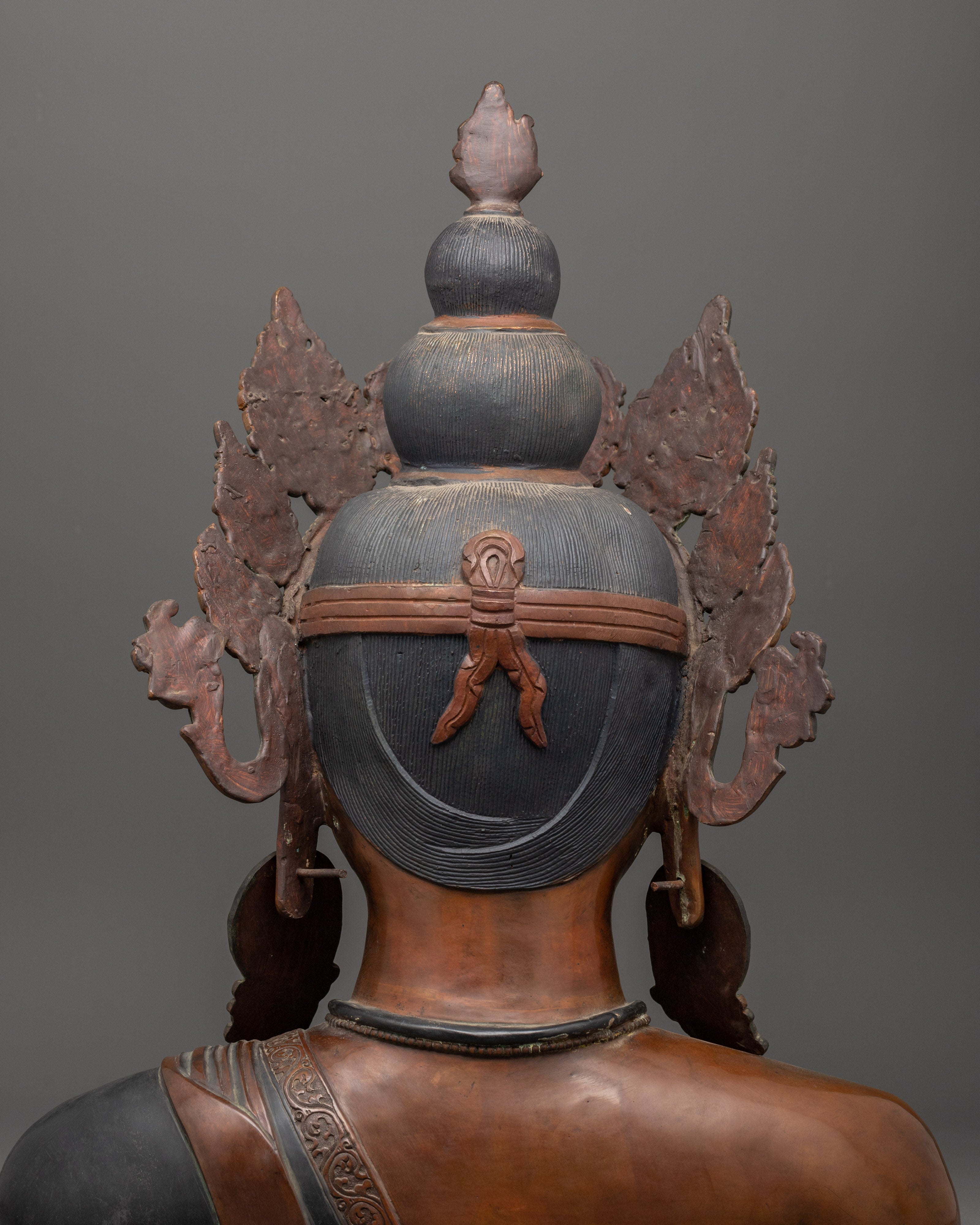 Crowned Buddha Head Sculpture | Oxidized Copper Bust with Coral Inlay
