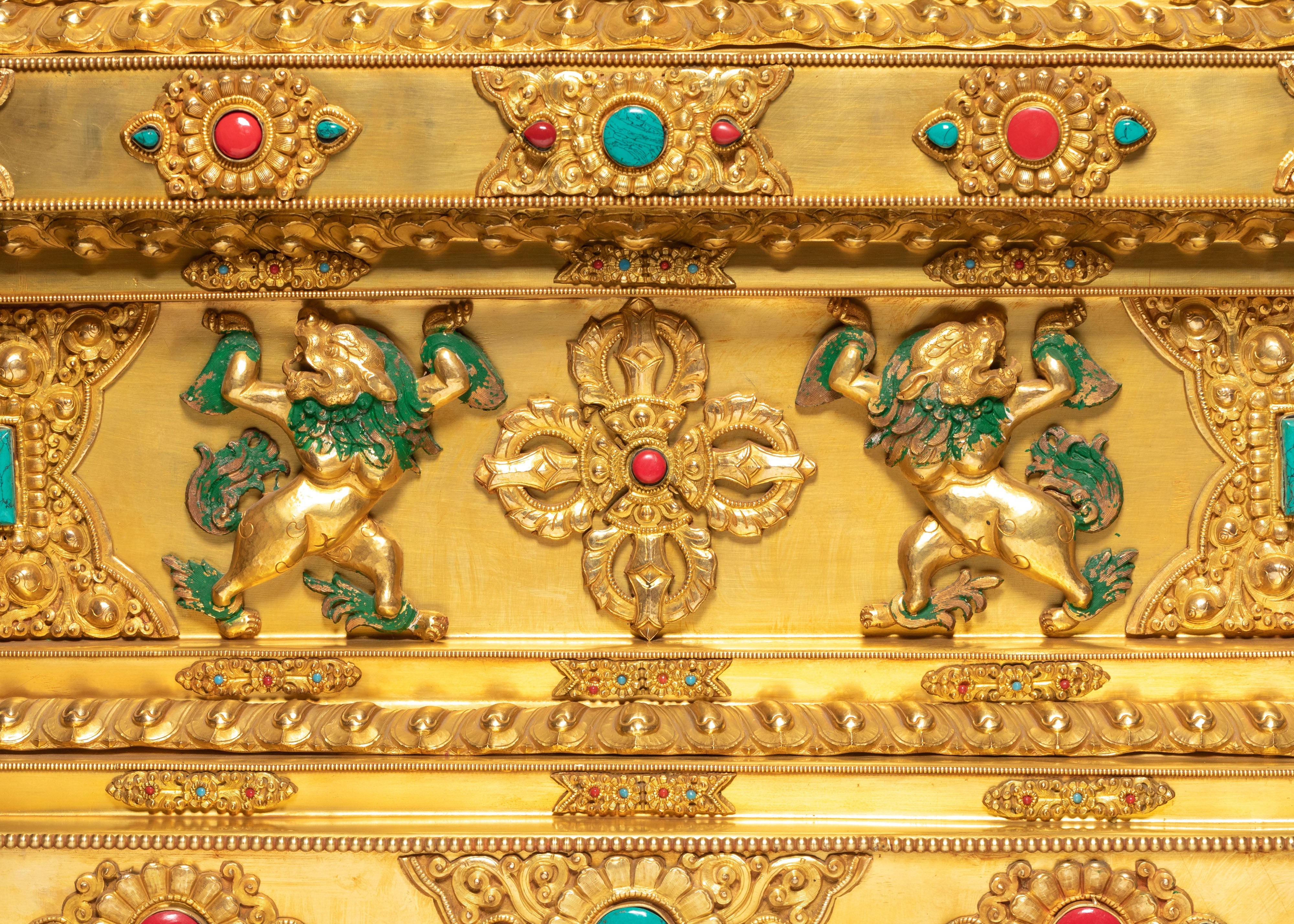 Sacred Buddhist Stupa for Altar | Gold-Plated Tibetan Stupa with Coral & Turquoise