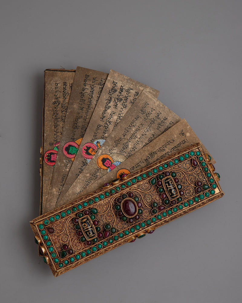 Handmade Tibetan Prayer Book: Elegant Spiritual Text with Copper and Gem Inlays