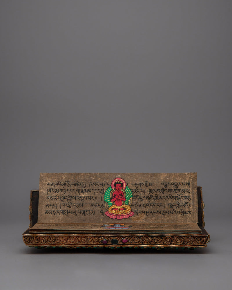 Handmade Tibetan Prayer Book: Elegant Spiritual Text with Copper and Gem Inlays