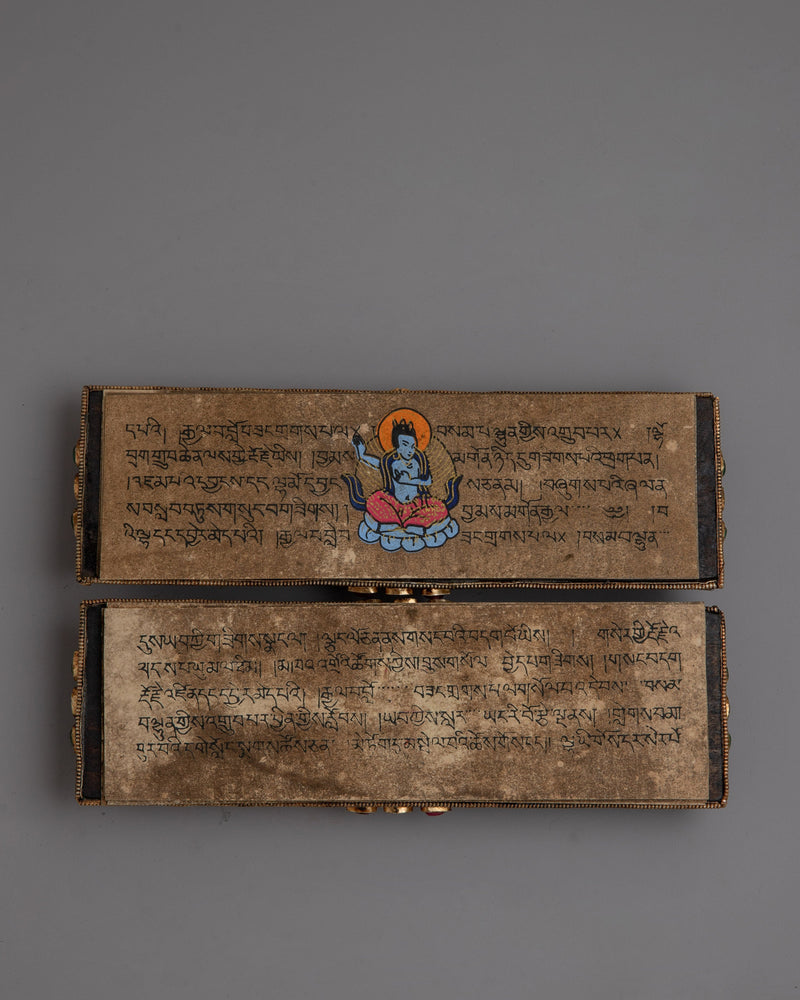 Handmade Tibetan Prayer Book: Elegant Spiritual Text with Copper and Gem Inlays