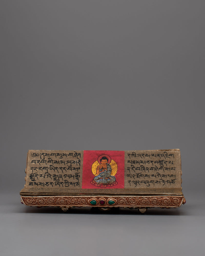 Decorative Tibetan Prayer Book |  Elegant Spiritual Text with Copper and Gem Inlays