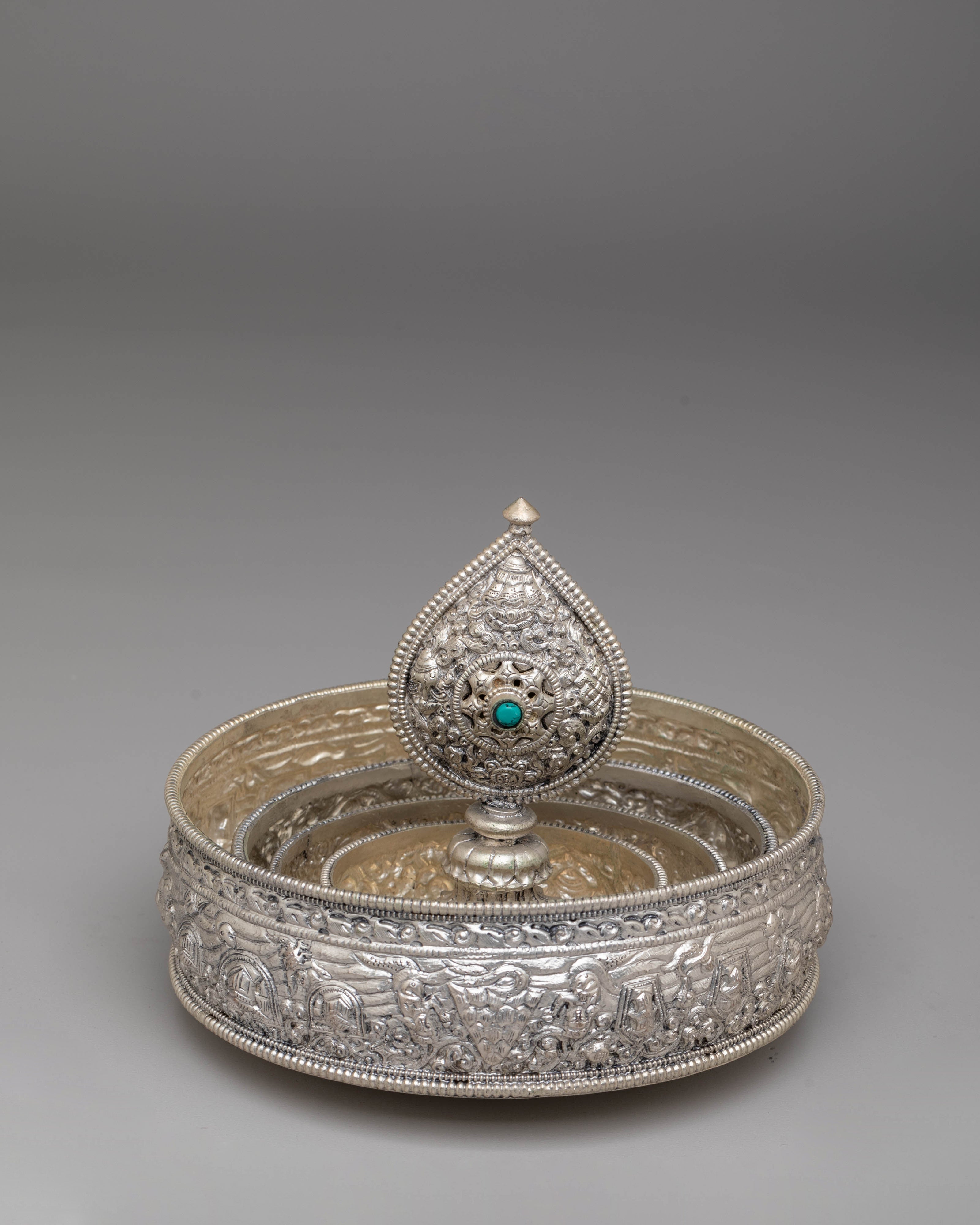 Traditional Tibetan Ritual Mandala | Silver Frame and Gemstones