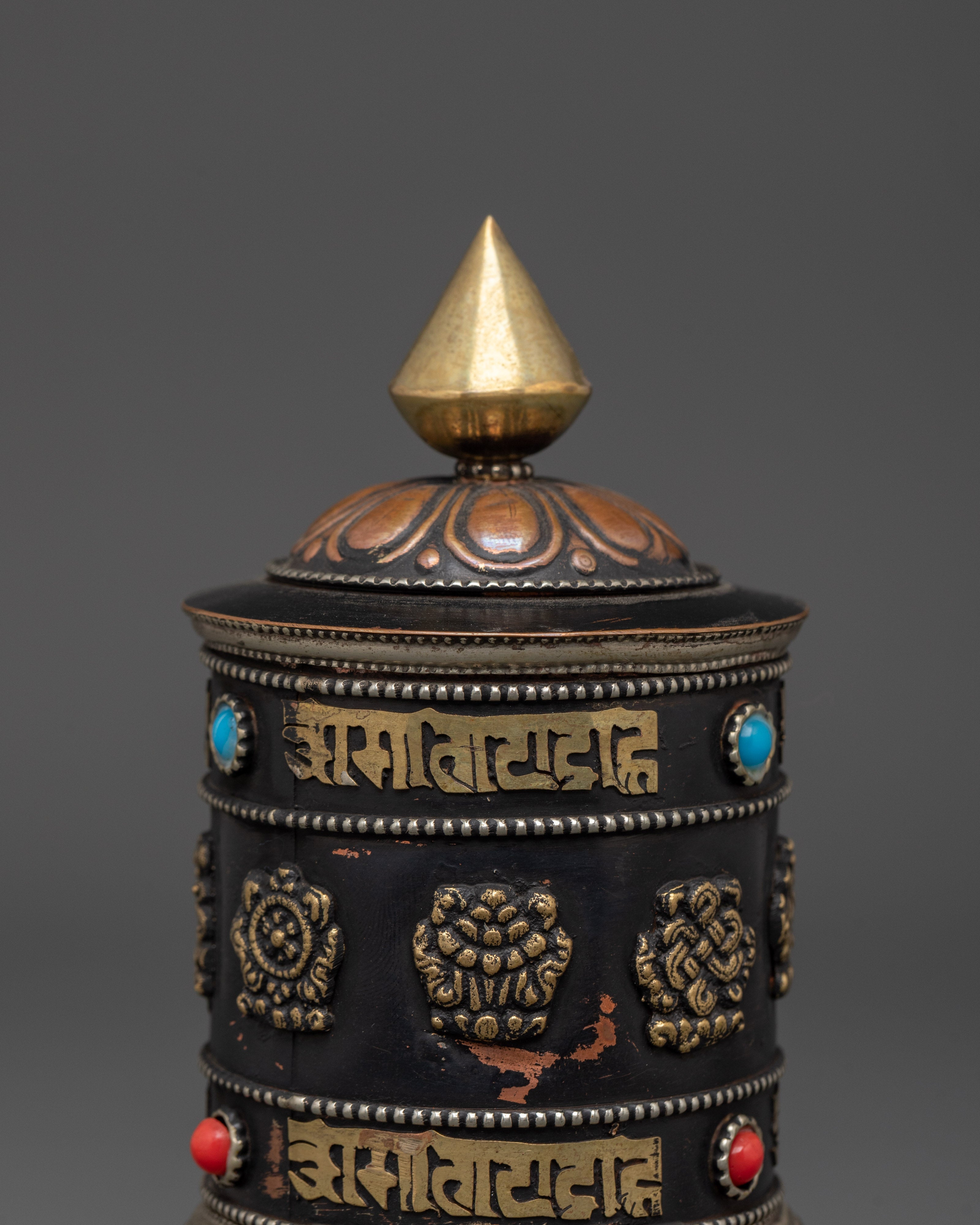 Tibetan Mantra Prayer Wheel with Base | Spinning Altar Decor