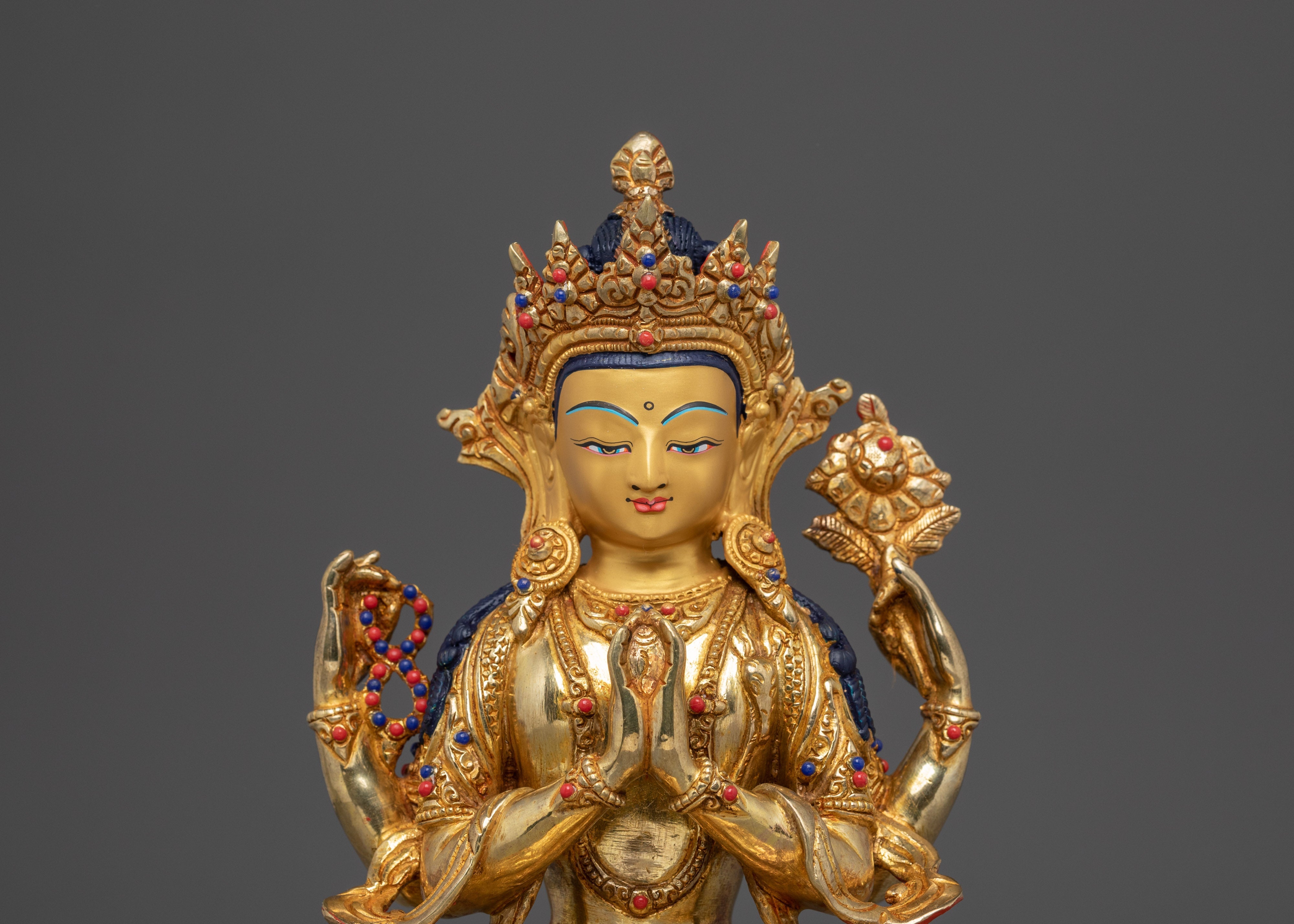 Gold Plated Buddhist Chenrezig Sculpture | Copper Sculpture with Coral & Turquoise