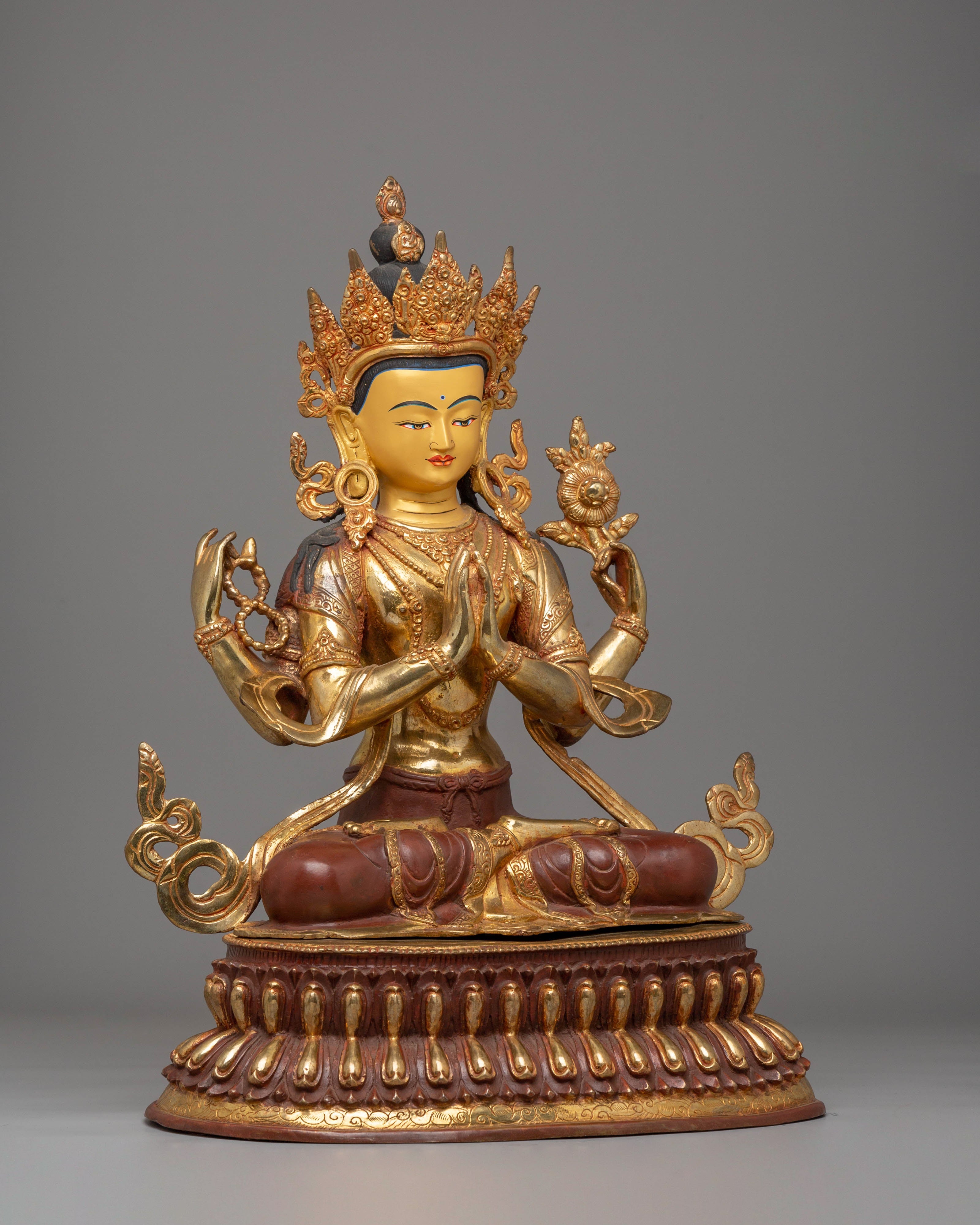 Handcrafted Chenrezig Golden Statue | Tibetan Buddhist Deity