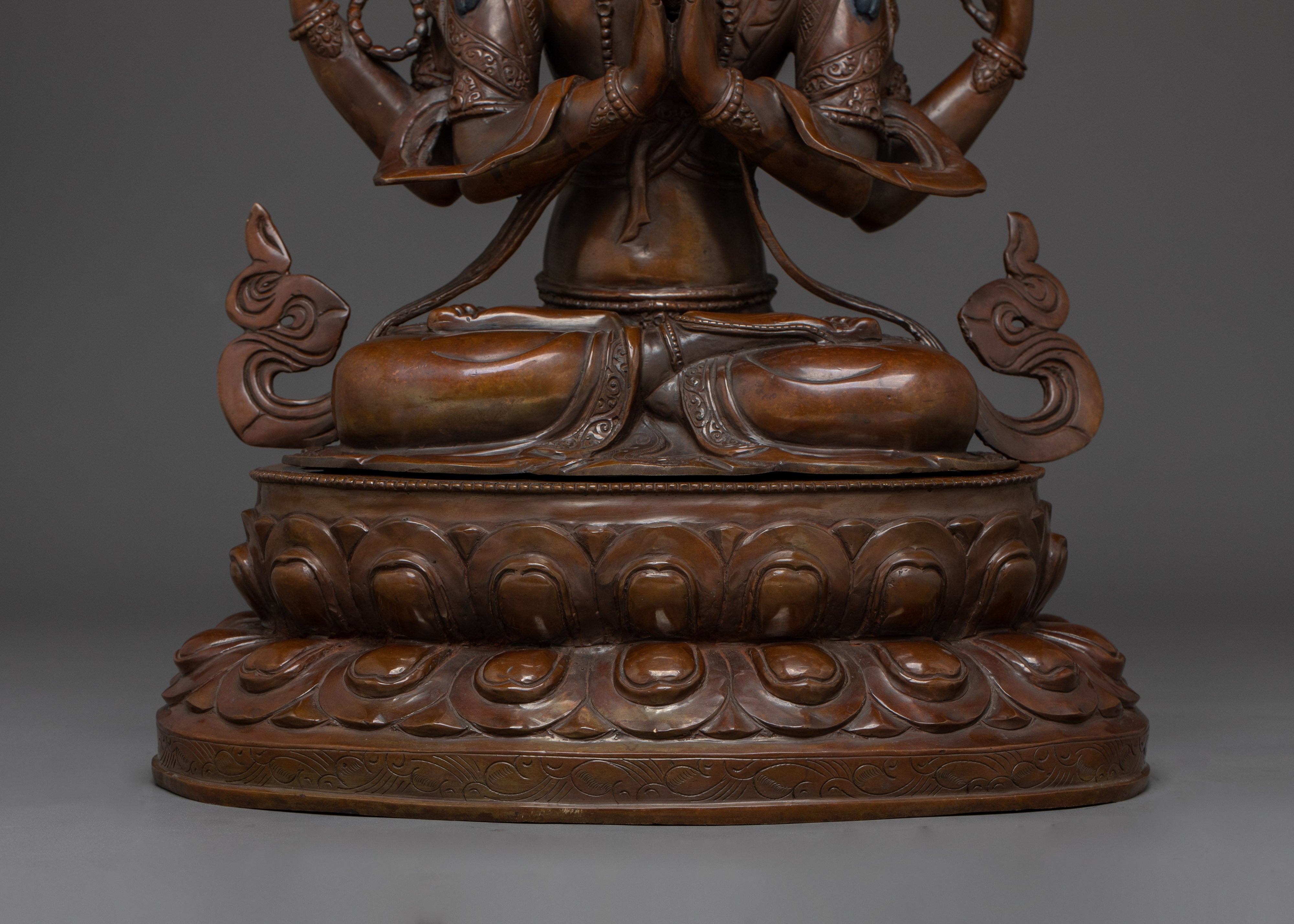 Chenrezig Statue in Oxidized Copper | Majestic Nepalese Buddhist Altar Piece