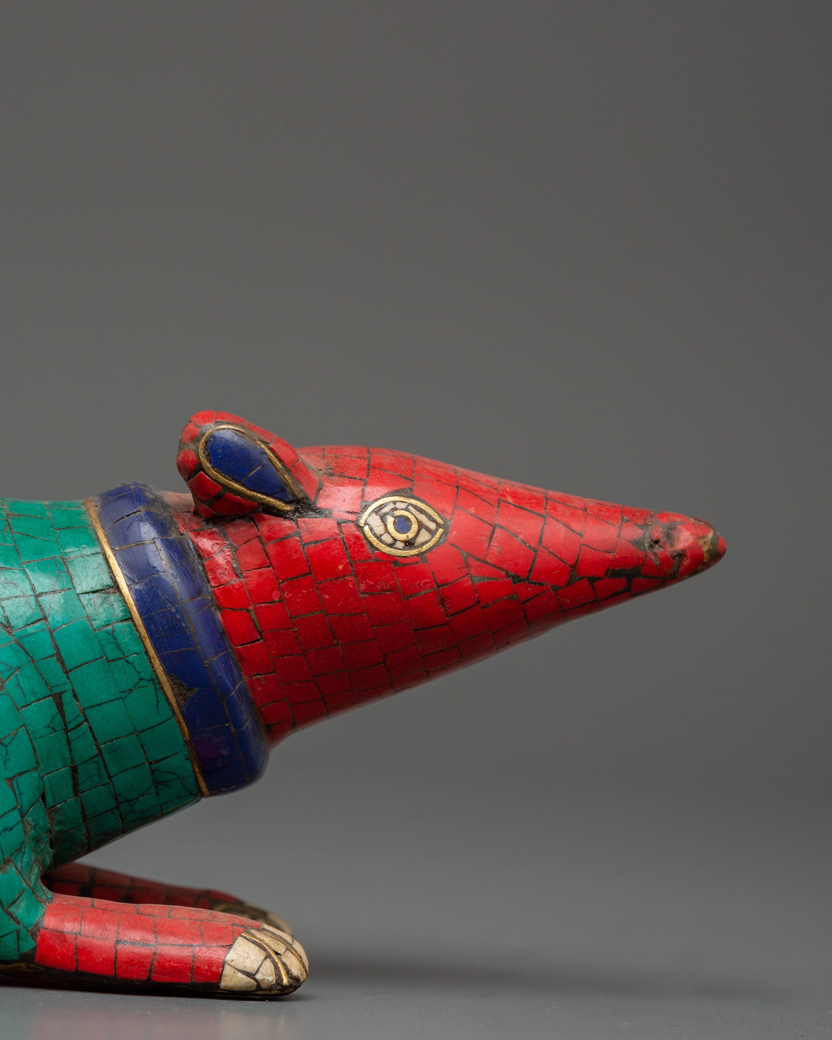 Brass Mouse Statue Set with Turquoise & Coral Inlay | Ganesh Mouse Idol