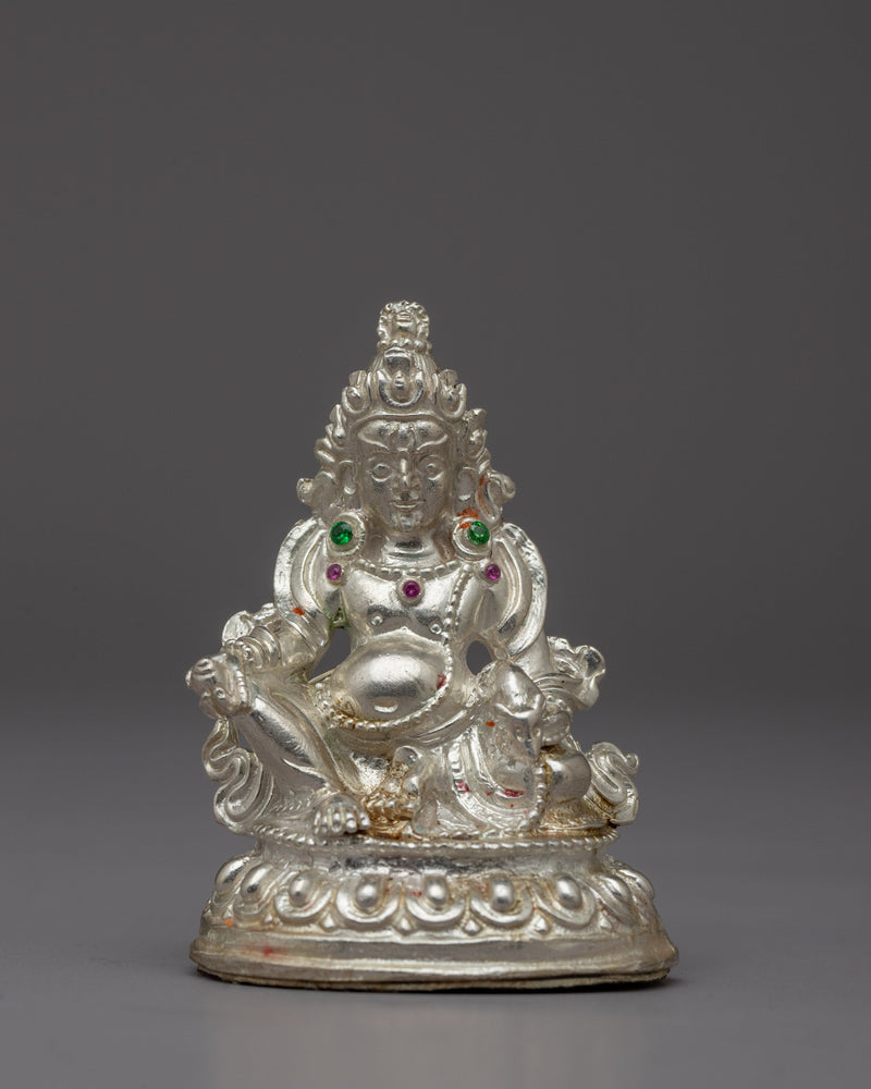 Small Silver Dzambhala Statue | Artisan Buddhist Sculpture of Wealth Deity for Sacred Spaces