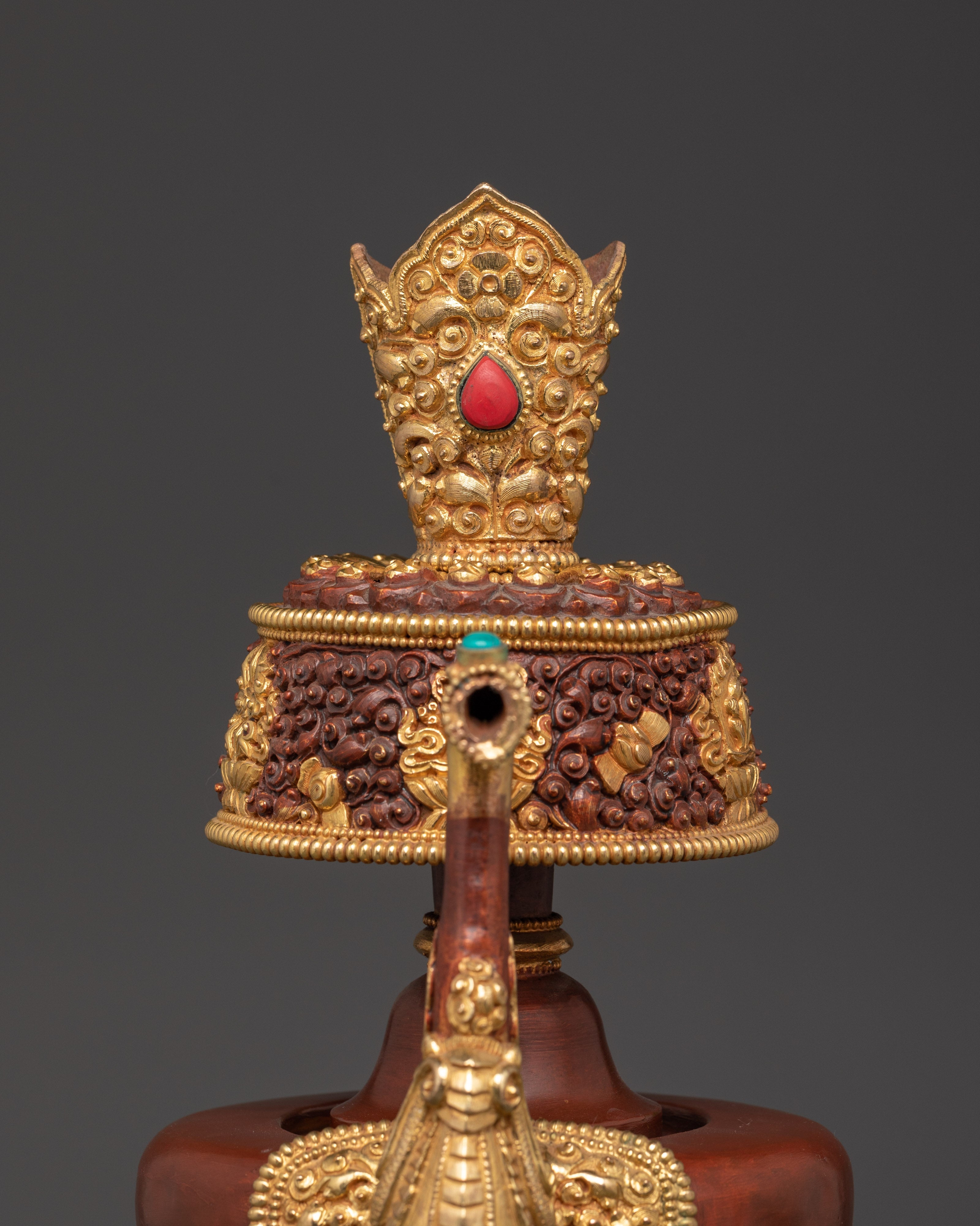 Pair of Tibetan Bhumba Vases | Gold-Plated Copper Vessels with Coral Inlay