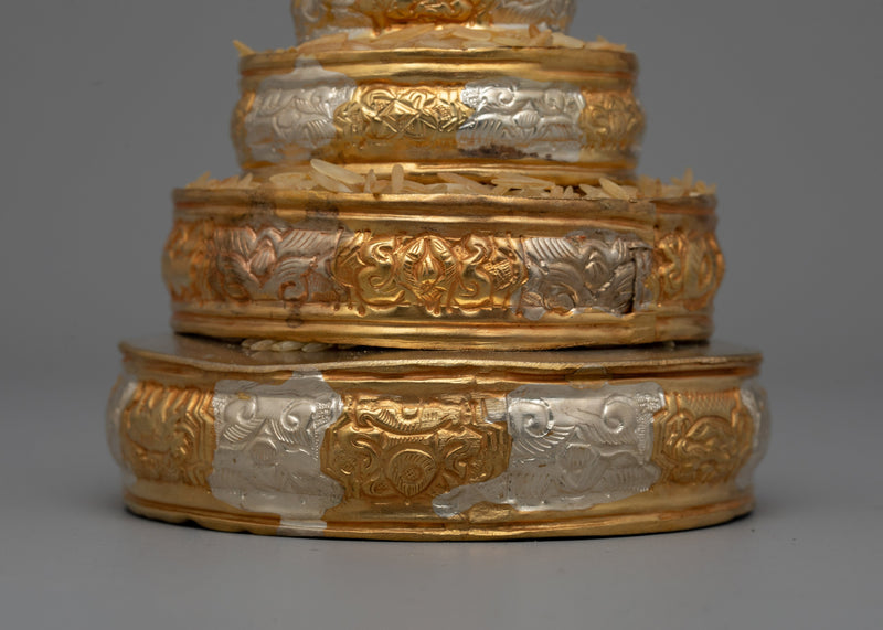 Buddhist Mandala Offering Sets | Intricate Copper Design with Gold and Silver Plating