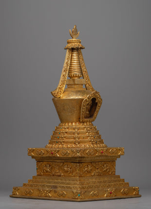 Gold Plated Tibetan Chorten Stupa To Enhance Meditation & Serene Home Decor