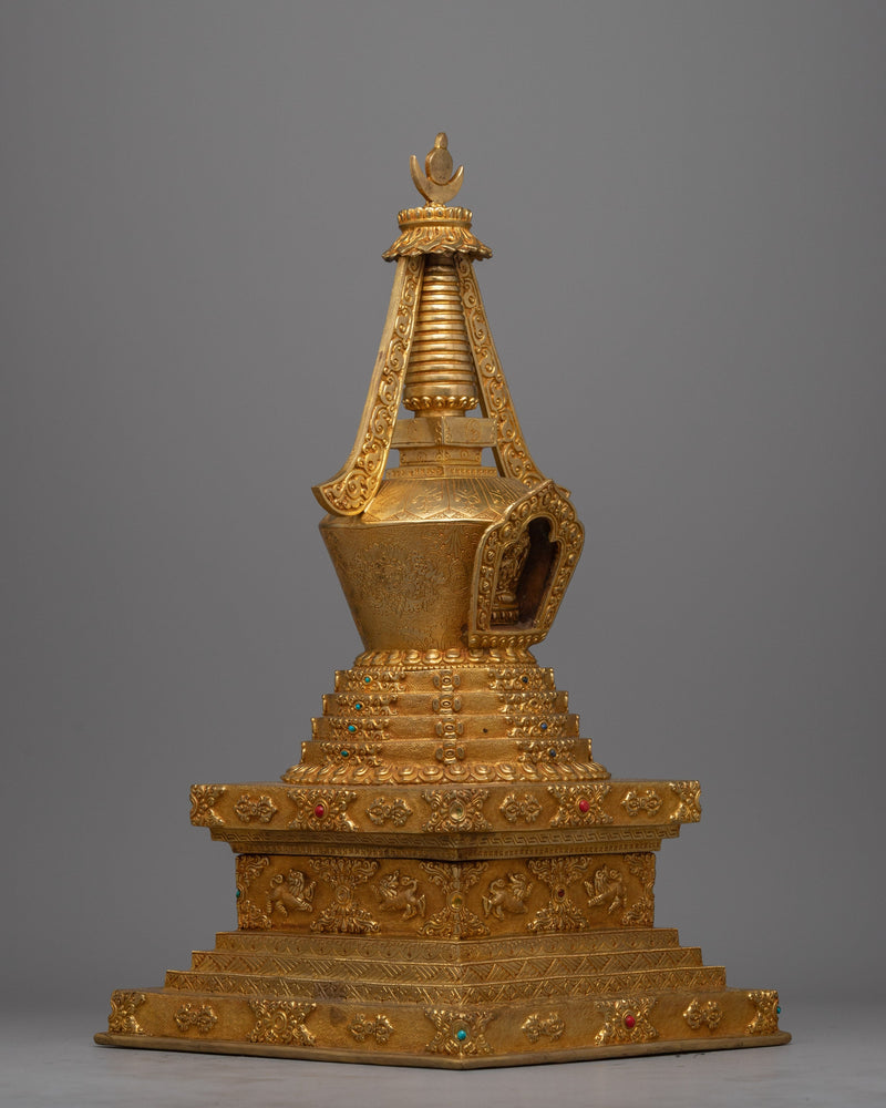 Gold Plated Tibetan Chorten Stupa To Enhance Meditation & Serene Home Decor