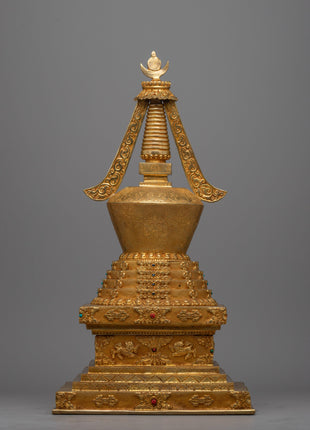 Gold Plated Tibetan Chorten Stupa To Enhance Meditation & Serene Home Decor