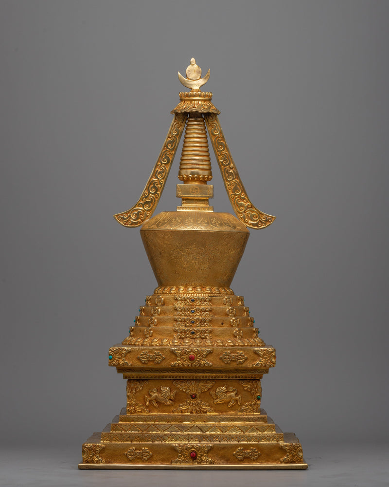 Gold Plated Tibetan Chorten Stupa To Enhance Meditation & Serene Home Decor