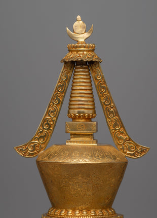 Gold Plated Tibetan Chorten Stupa To Enhance Meditation & Serene Home Decor