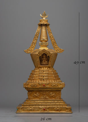 Gold Plated Tibetan Chorten Stupa To Enhance Meditation & Serene Home Decor