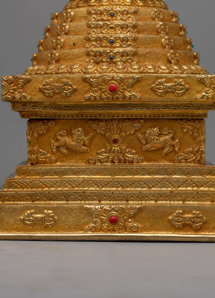Gold Plated Tibetan Chorten Stupa To Enhance Meditation & Serene Home Decor