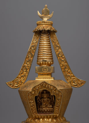 Gold Plated Tibetan Chorten Stupa To Enhance Meditation & Serene Home Decor