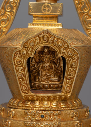 Gold Plated Tibetan Chorten Stupa To Enhance Meditation & Serene Home Decor