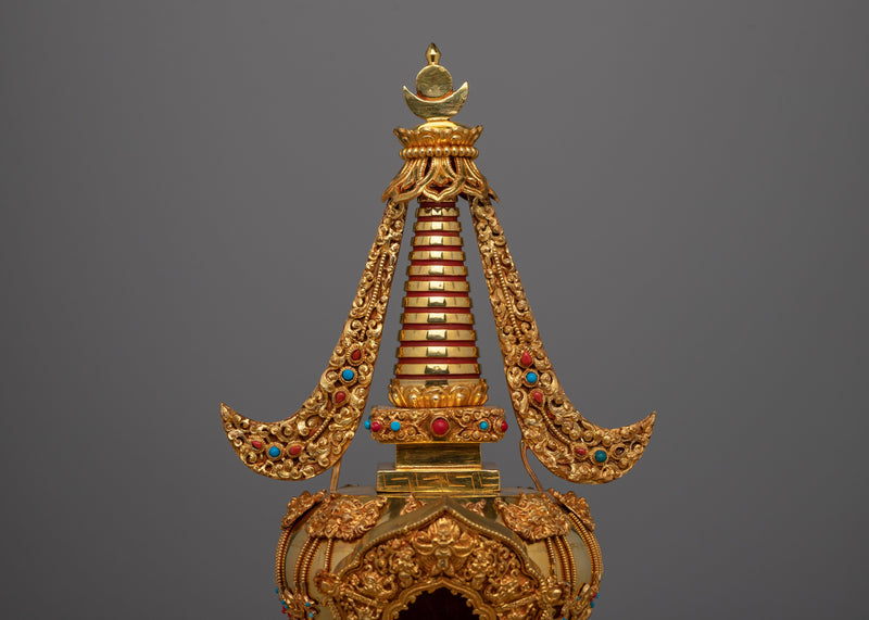 Tibetan Shrine Stupa | Gold Plated Traditional Buddhist Chorten for Meditation and Offerings