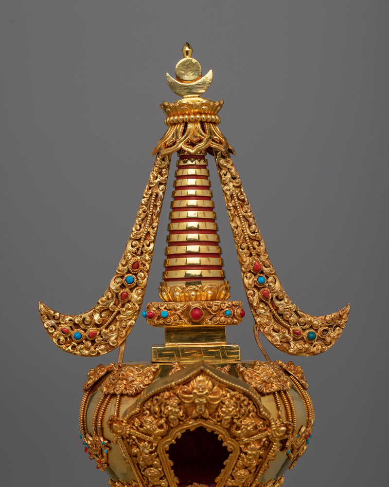 Tibetan Shrine Stupa | Gold Plated Traditional Buddhist Chorten for Meditation and Offerings