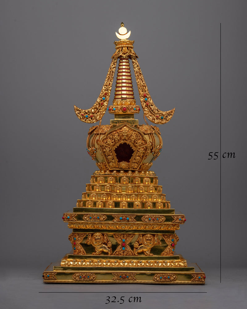 Tibetan Shrine Stupa | Gold Plated Traditional Buddhist Chorten for Meditation and Offerings