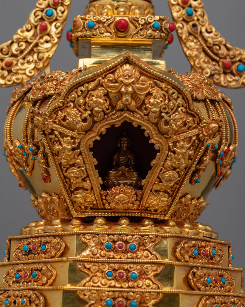 Traditional Buddhist Gold-Plated Stupa | Sacred Stupa for Spiritual Devotion and Elegant Home Decor