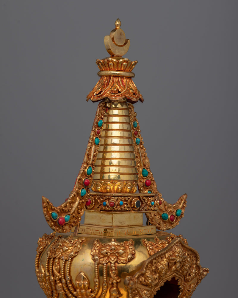 Meditation Stupa a Symbol of Spiritual Aspiration and Peace | Gold Plated Tibetan Chorten