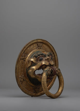 Pair of Buddhist Lion Head Door Knockers | Exquisite Repousse Work on Copper Body