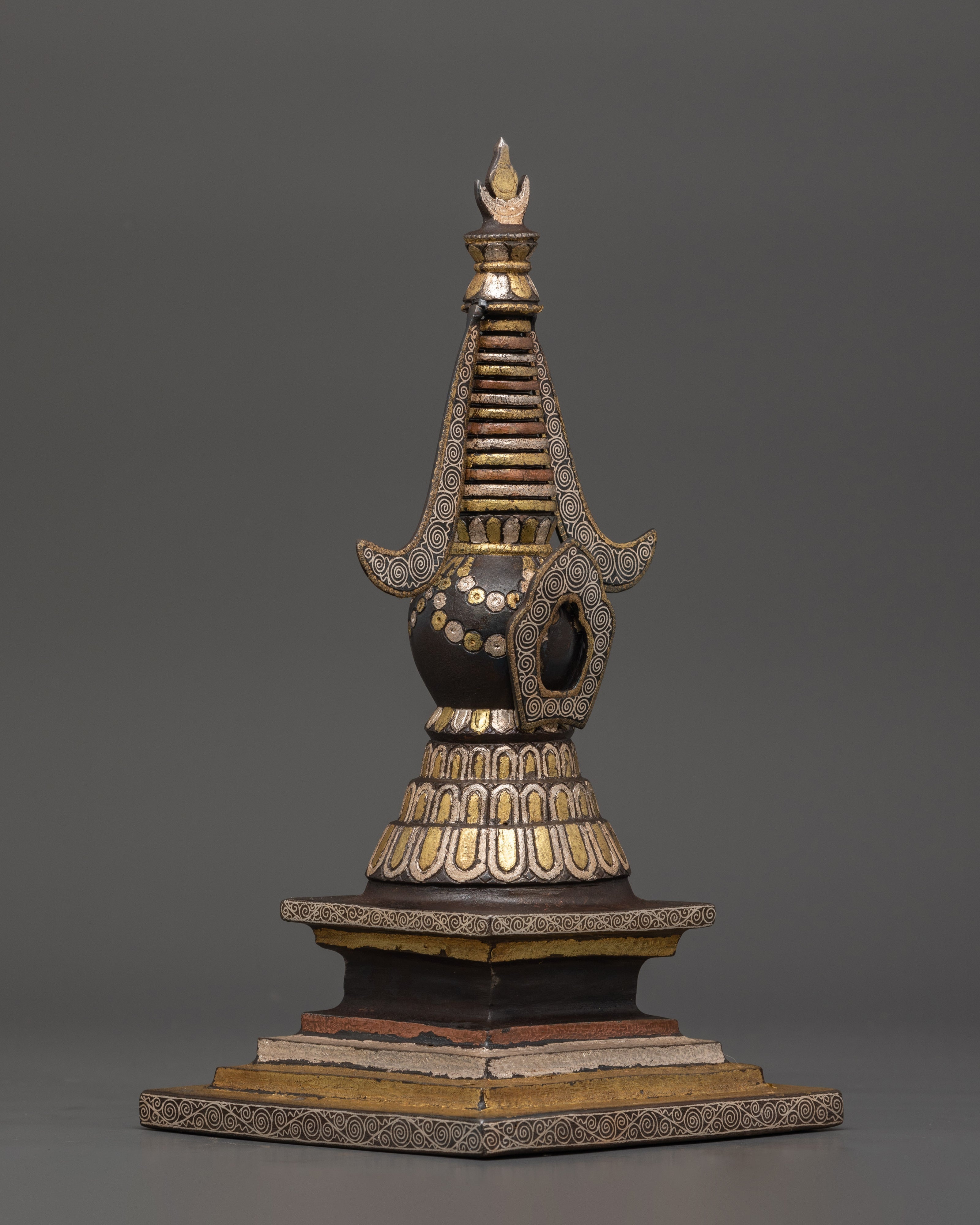 Handcrafted Iron Stupa with Silver Plating & Brass Inlay | For Altar Decor