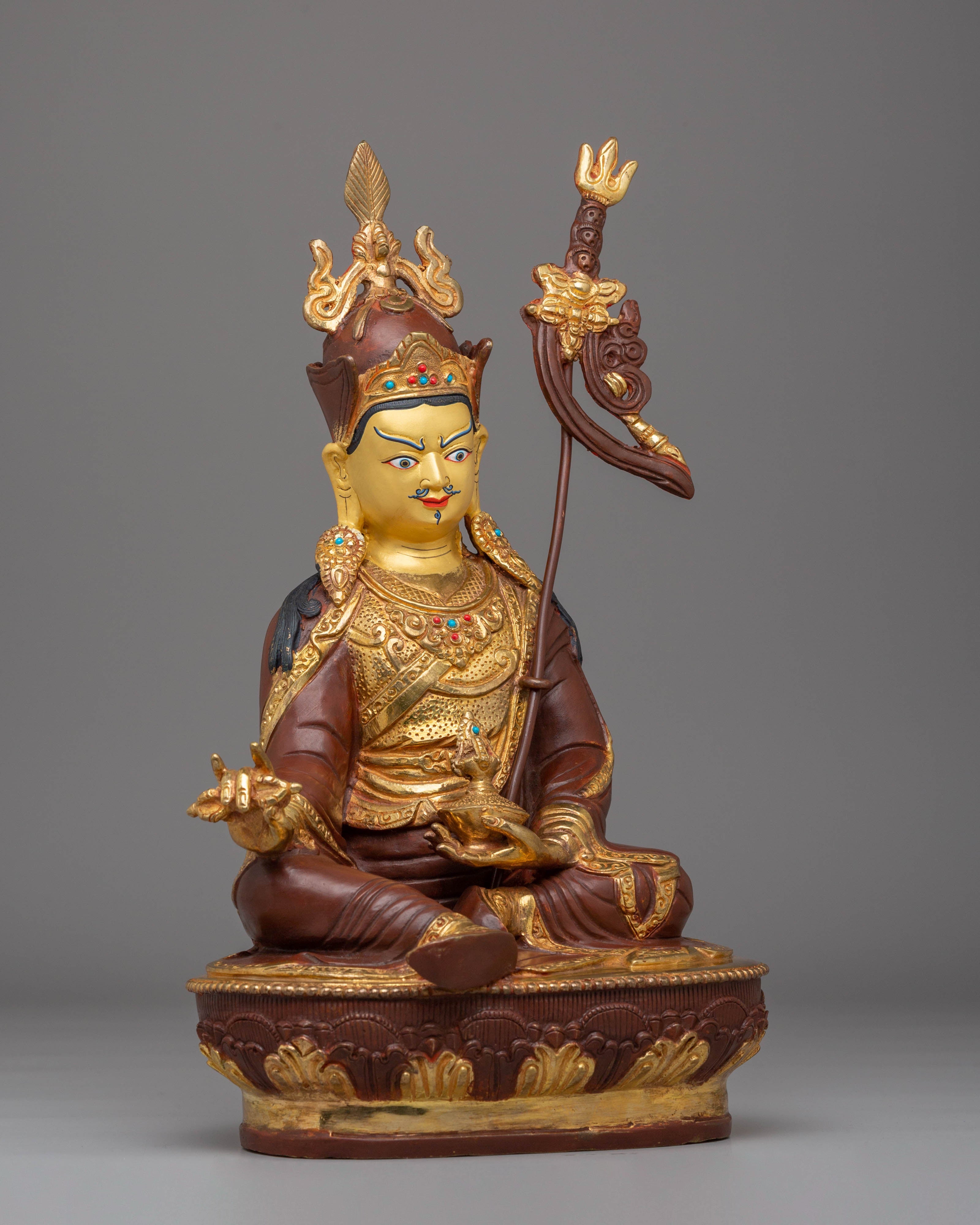 Padmasambhava Himalayan Statue | Copper, Gold-Plated with Coral & Turquoise Accents
