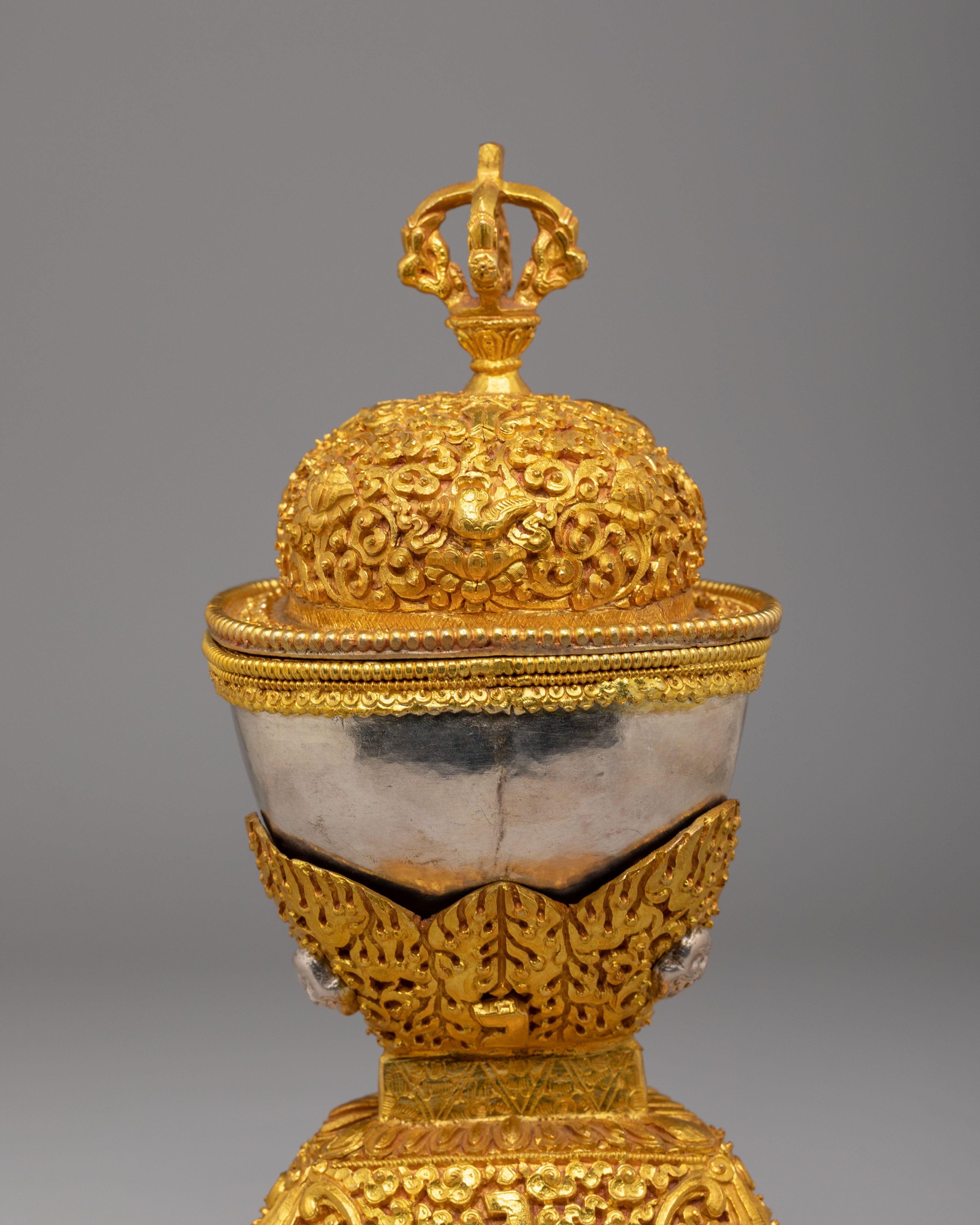 Tibetan Ritual Skull Cups for Altar | Gold and Silver Plated Kapala Set