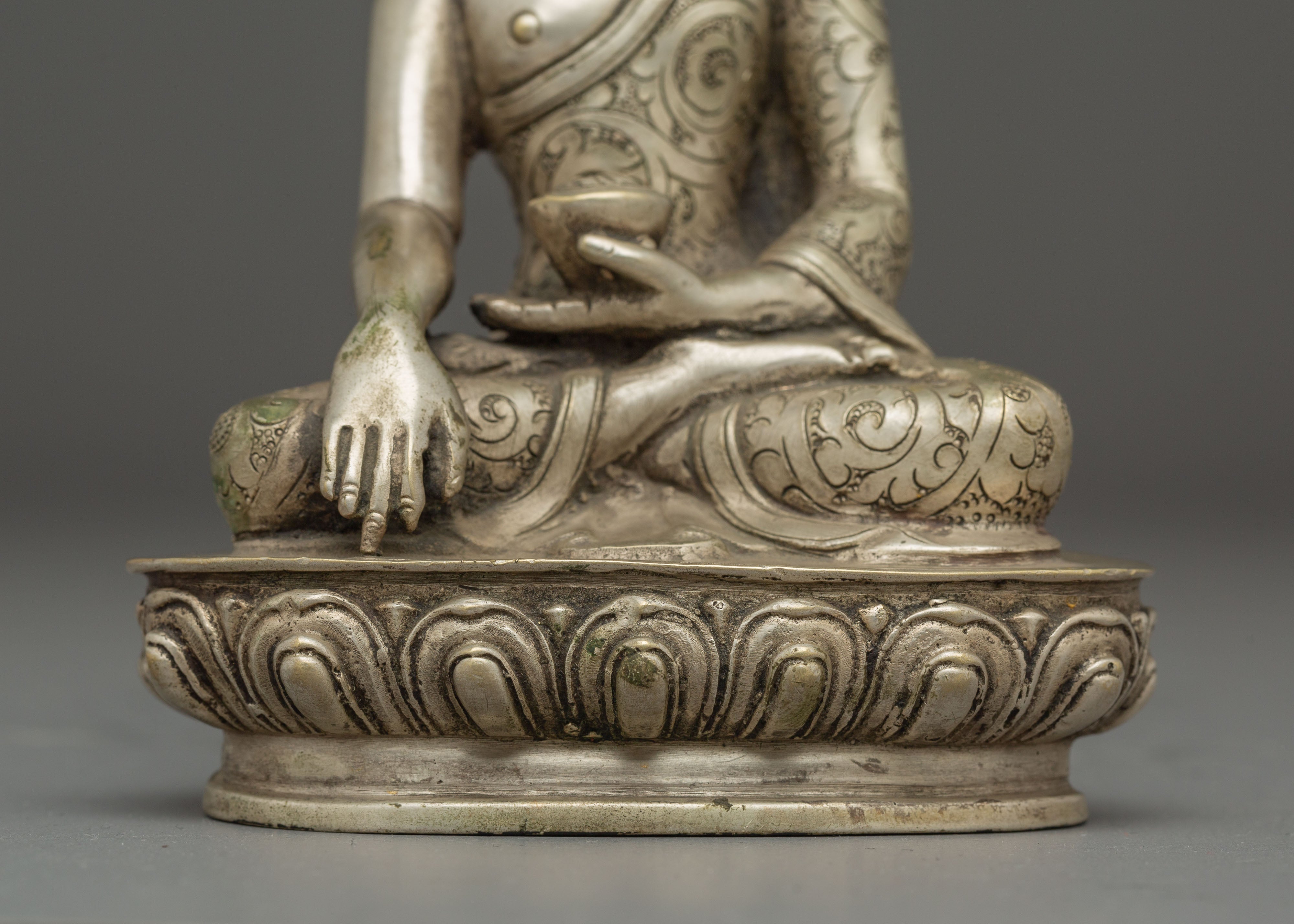 Handcrafted Shakyamuni Buddha Silver Plated Statue | Sacred Decor