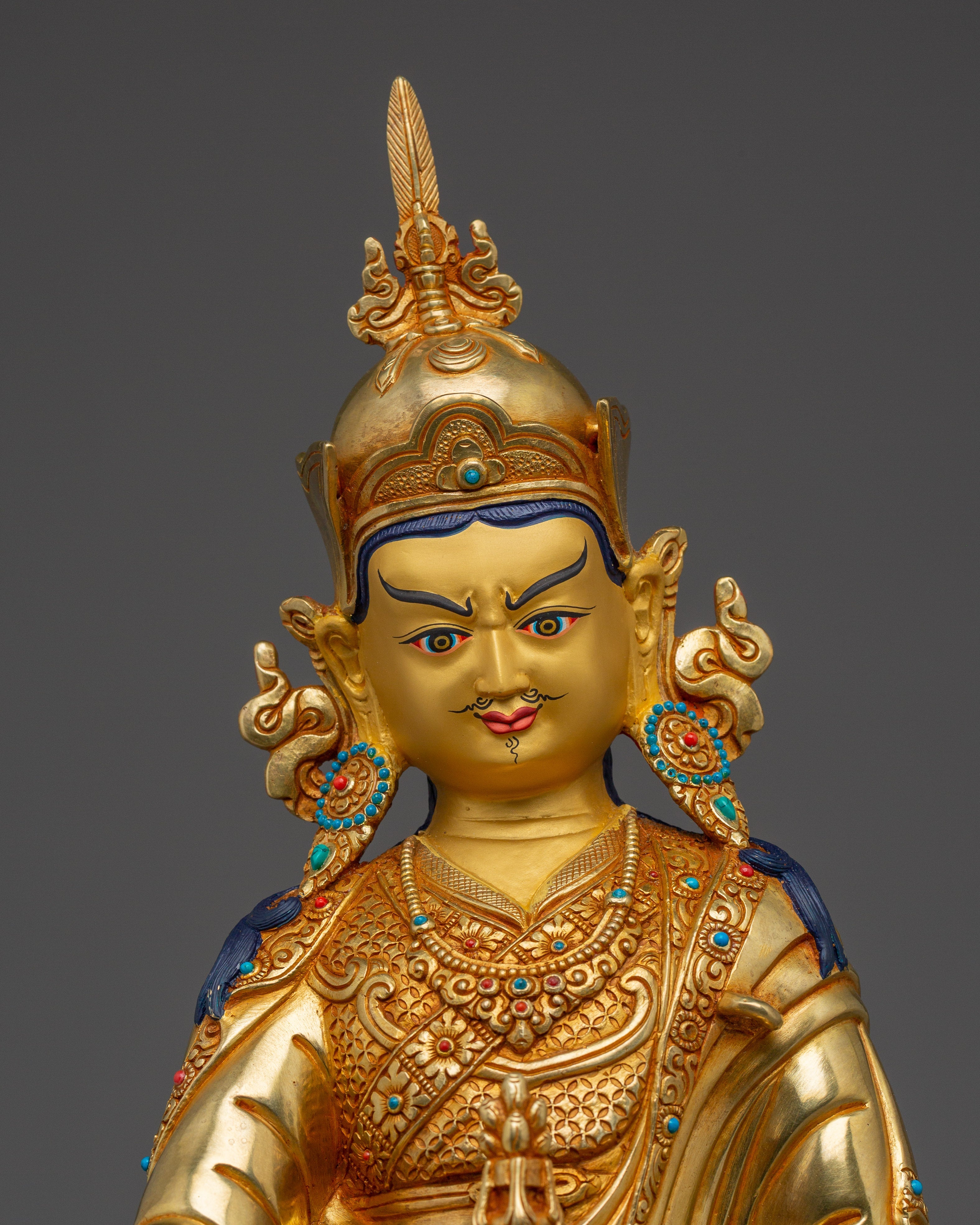 Guru Rinpoche Statue 24K Gold Gilded | Gemstone Inlaid Copper Sculpture
