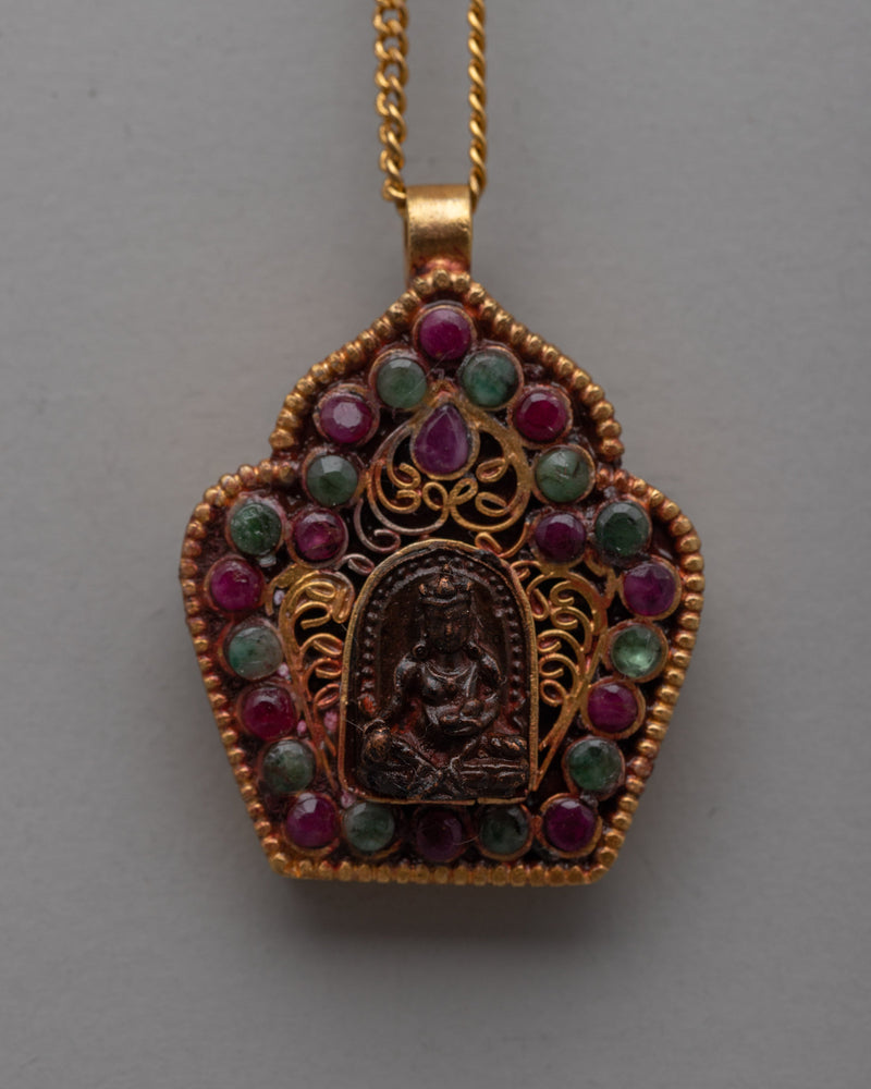 Handmade Jambhala Pendant | Gold Plated Copper with Ruby  Emerald