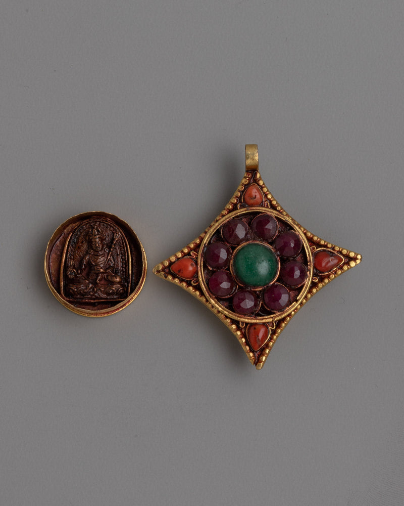 Buddhist Deity Ghau Locket Box | Gold Plating and Precious Stones