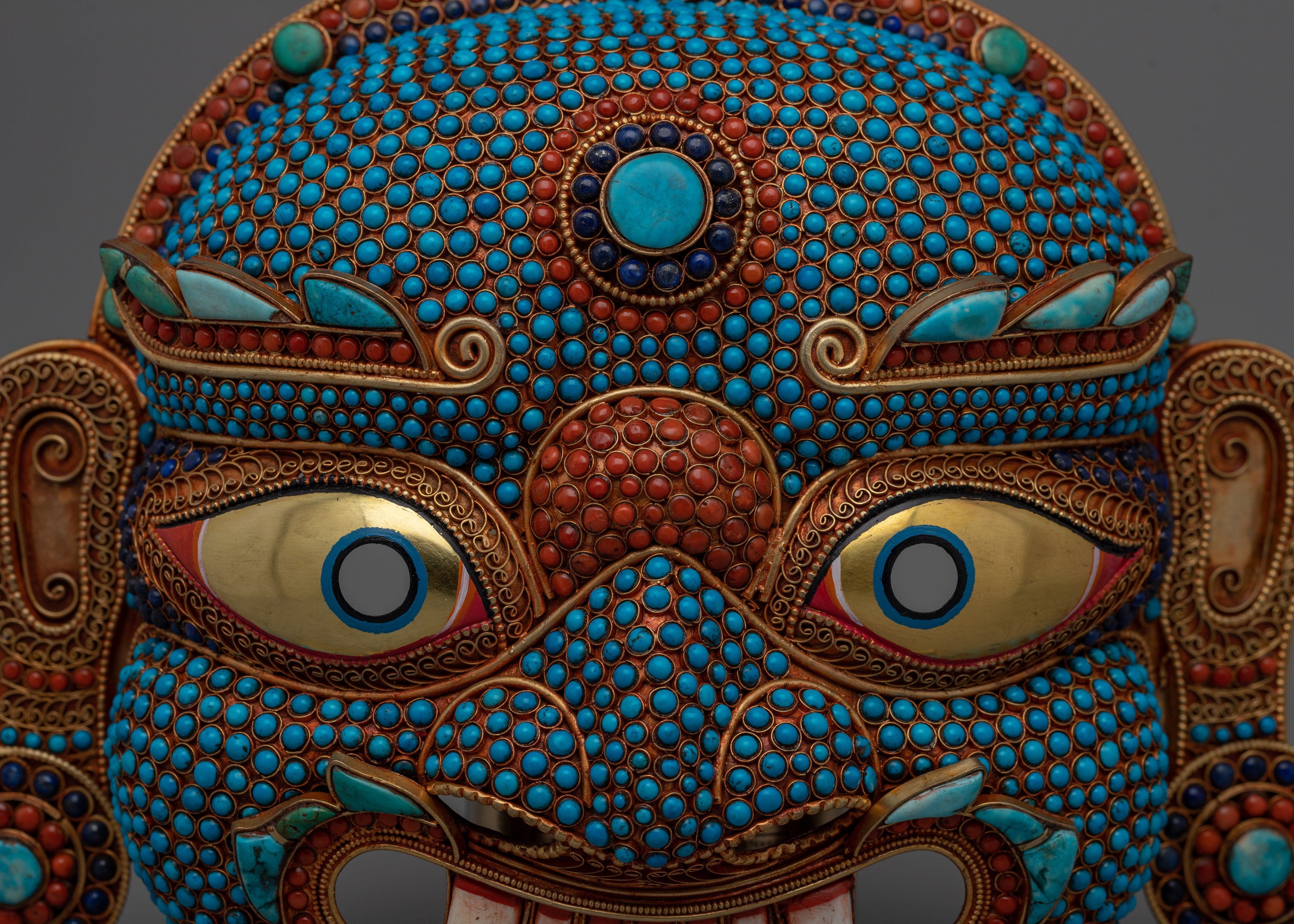 Authentic Nepali Lakhe Mask – Traditional Symbols and Vibrant Artistic Expression