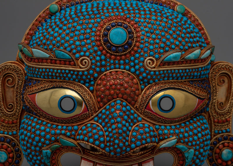 Authentic Nepali Lakhe Mask – Traditional Symbols and Vibrant Artistic Expression